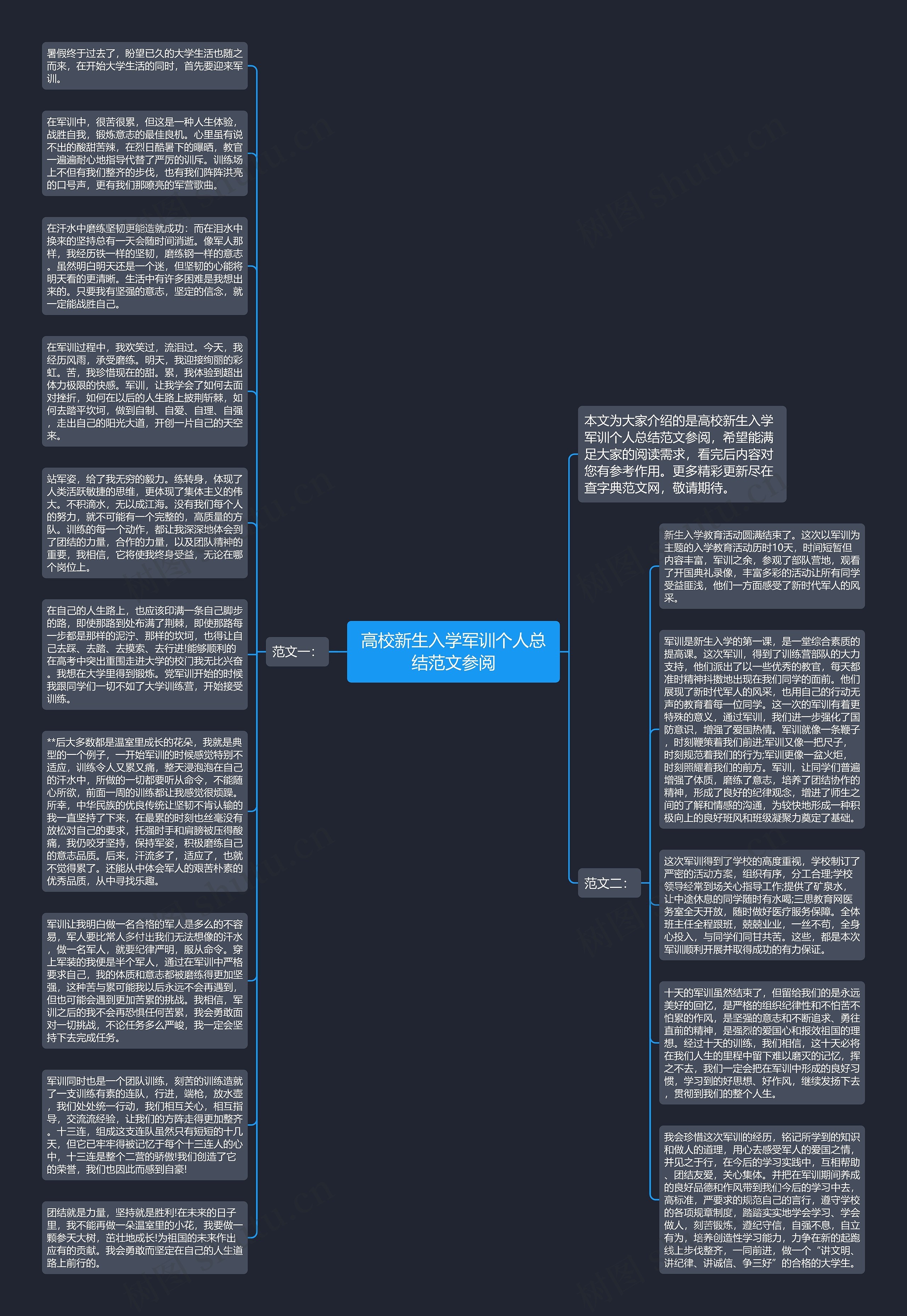 高校新生入学军训个人总结范文参阅思维导图