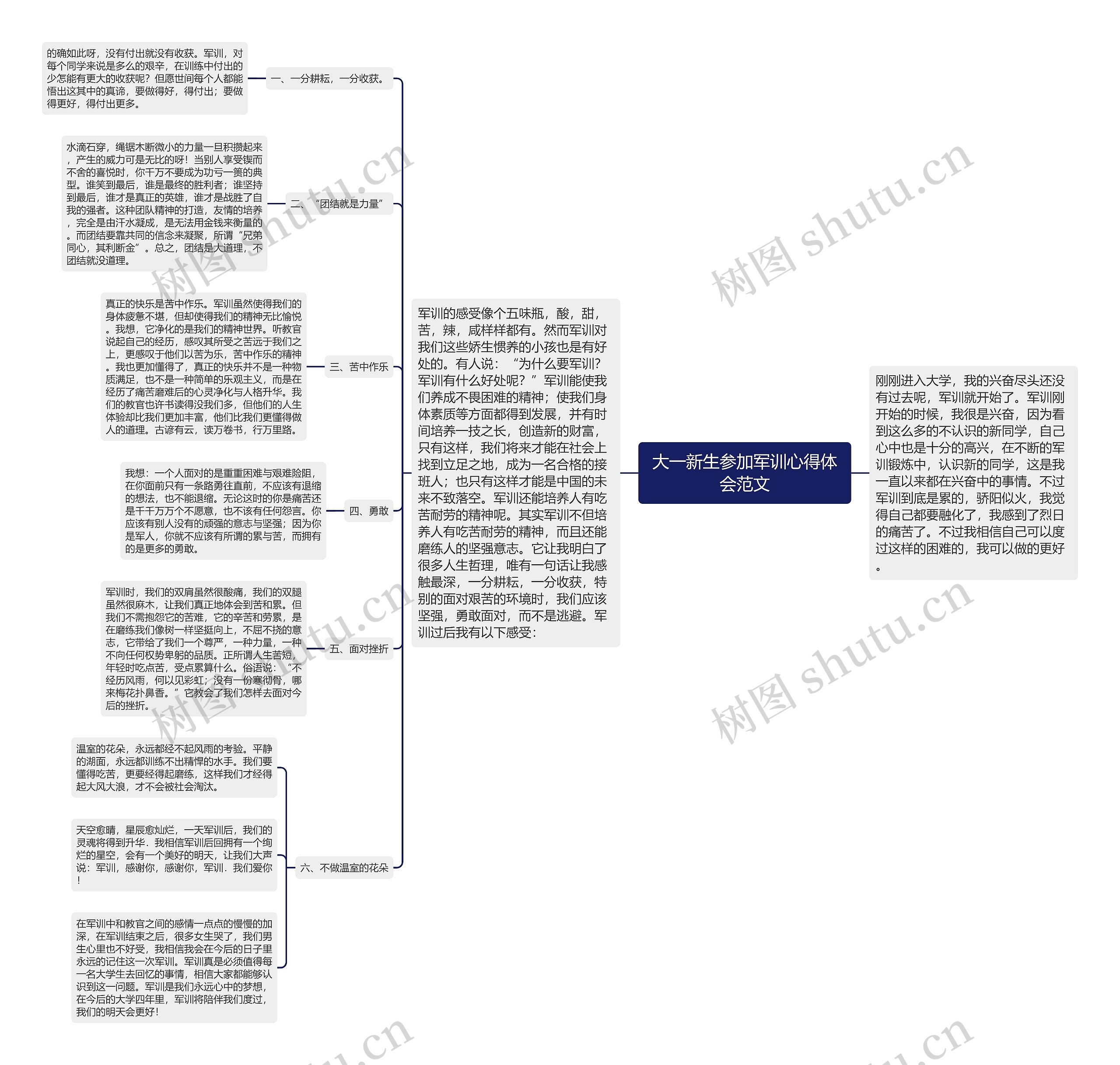 大一新生参加军训心得体会范文思维导图