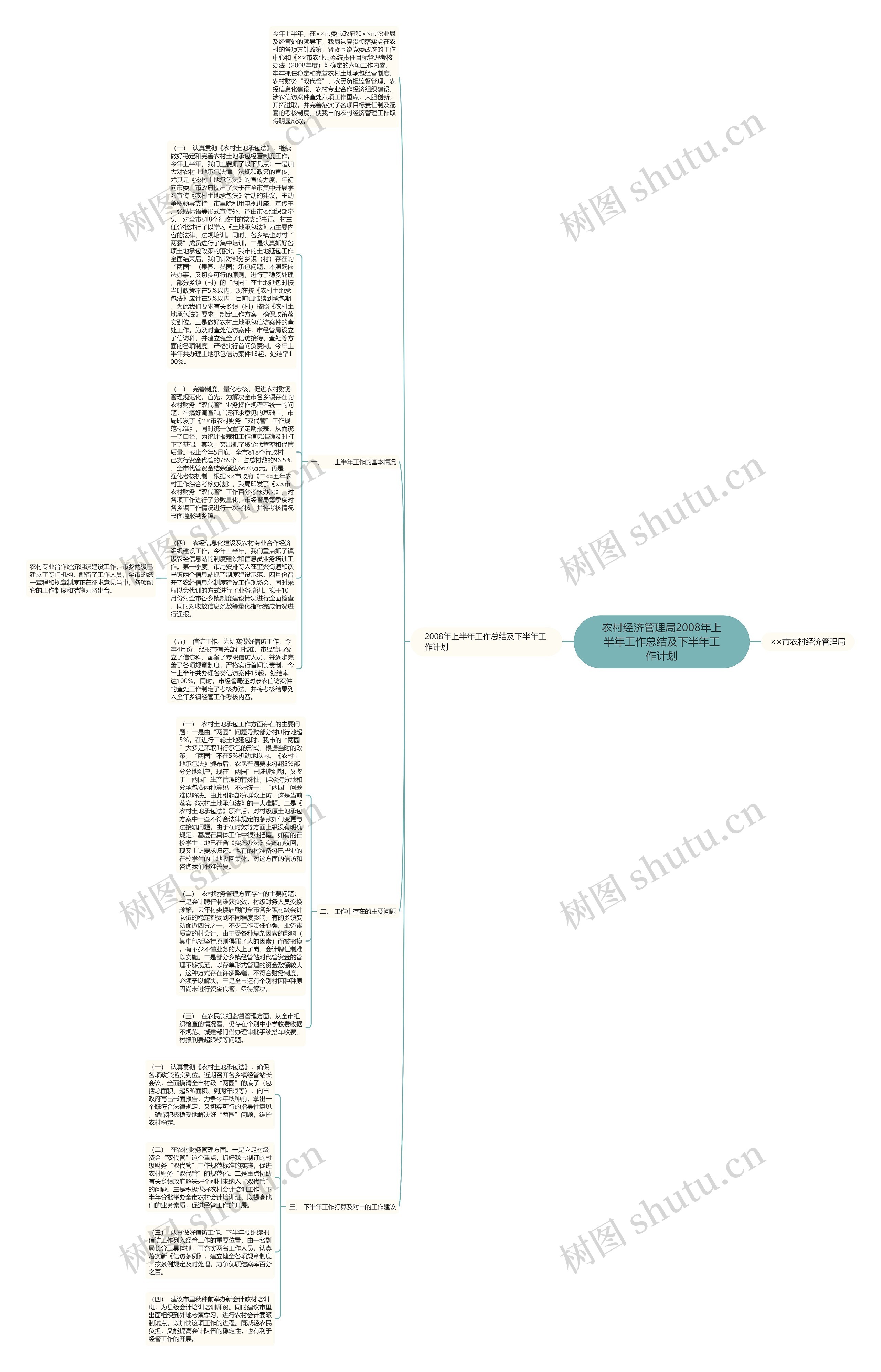 农村经济管理局2008年上半年工作总结及下半年工作计划思维导图