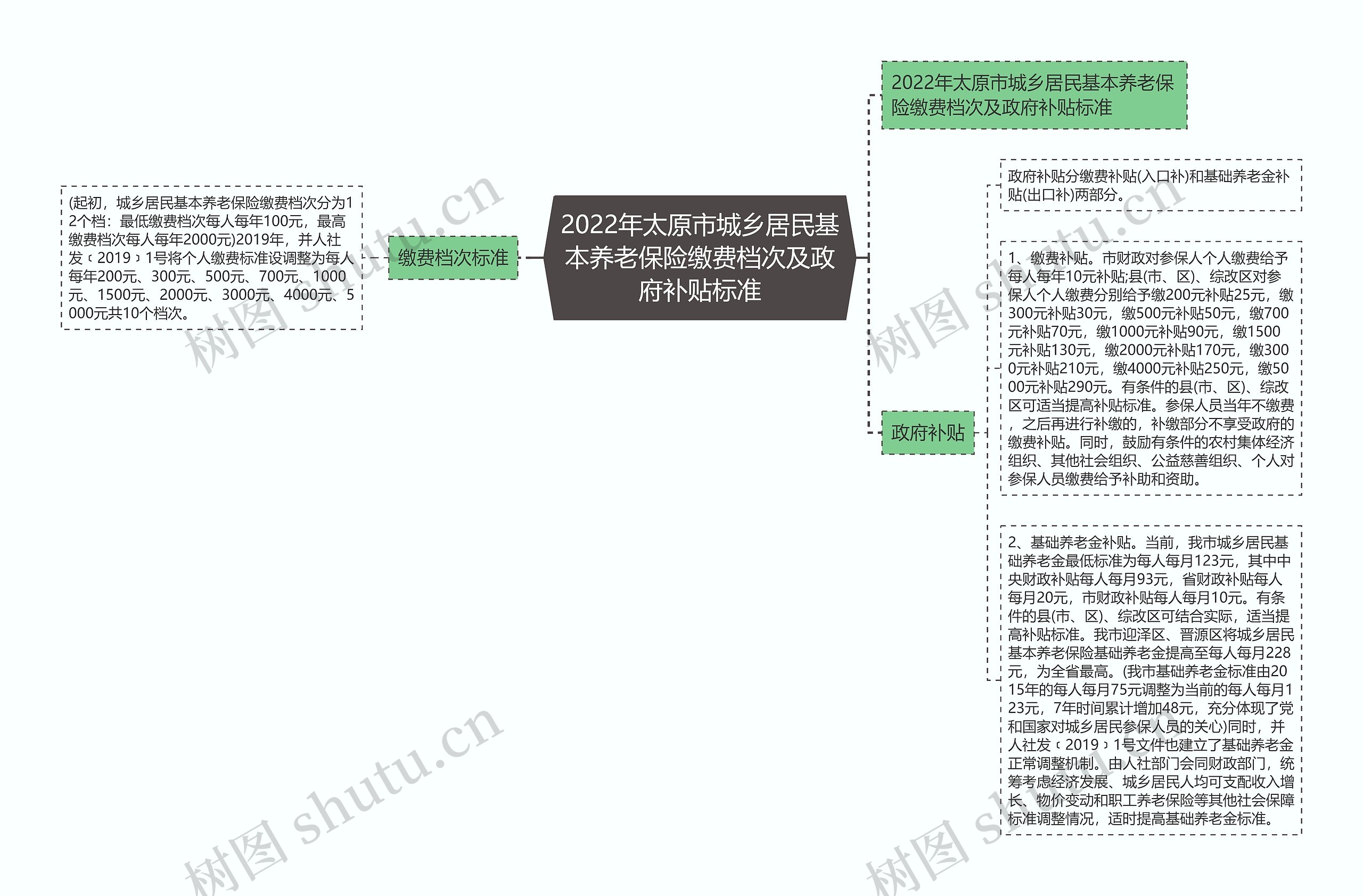 2022年太原市城乡居民基本养老保险缴费档次及政府补贴标准思维导图