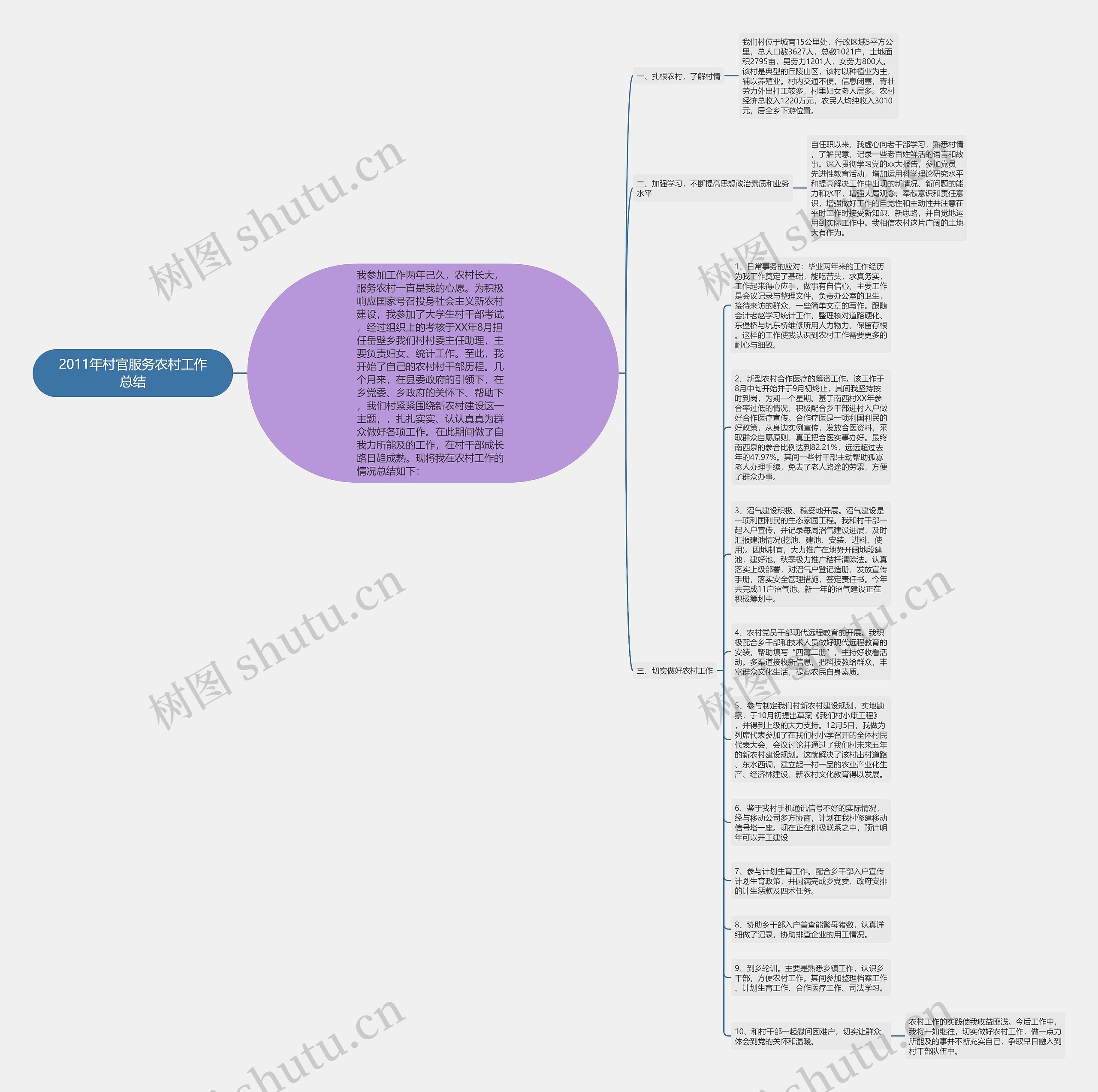 2011年村官服务农村工作总结思维导图