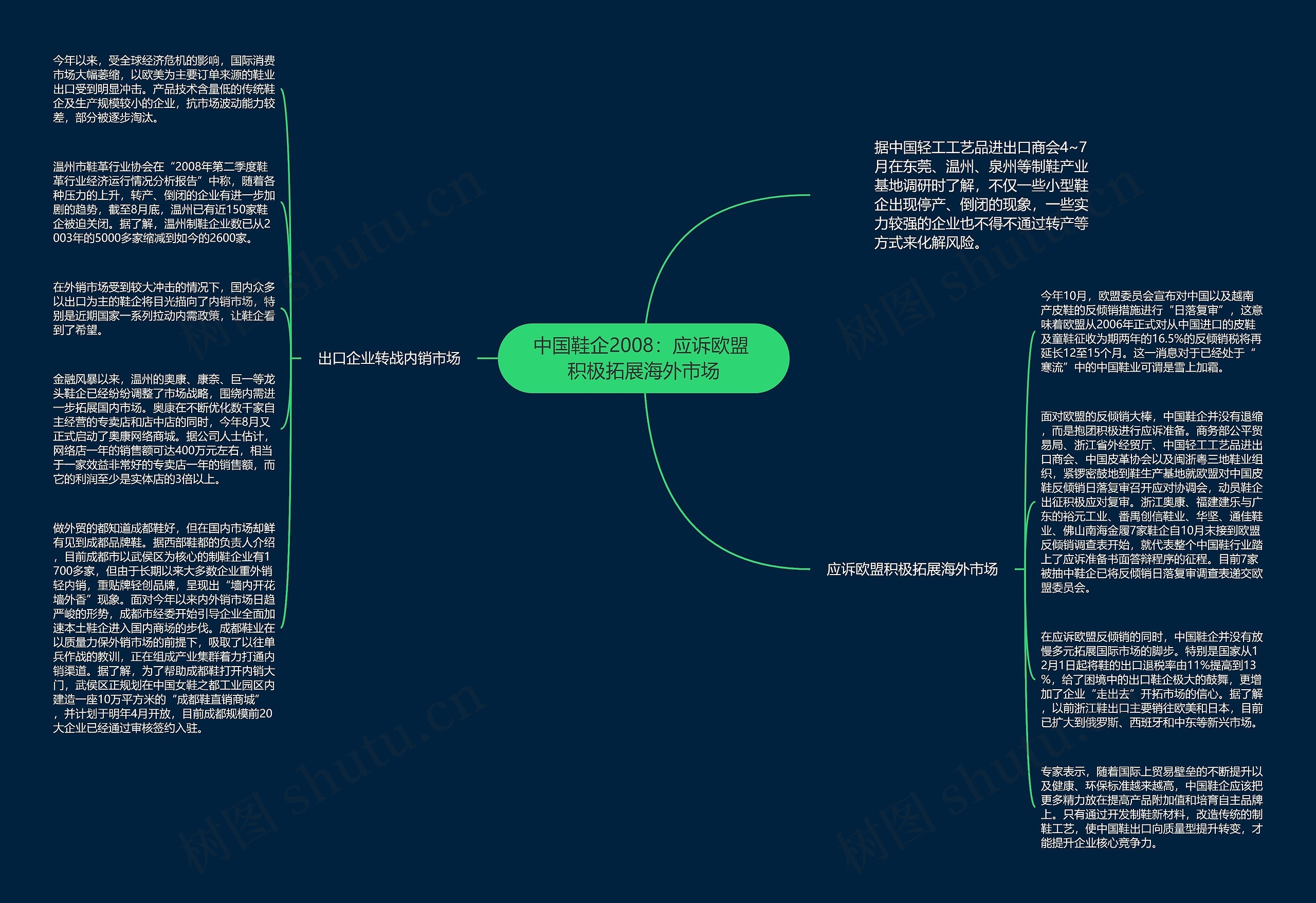 中国鞋企2008：应诉欧盟 积极拓展海外市场思维导图