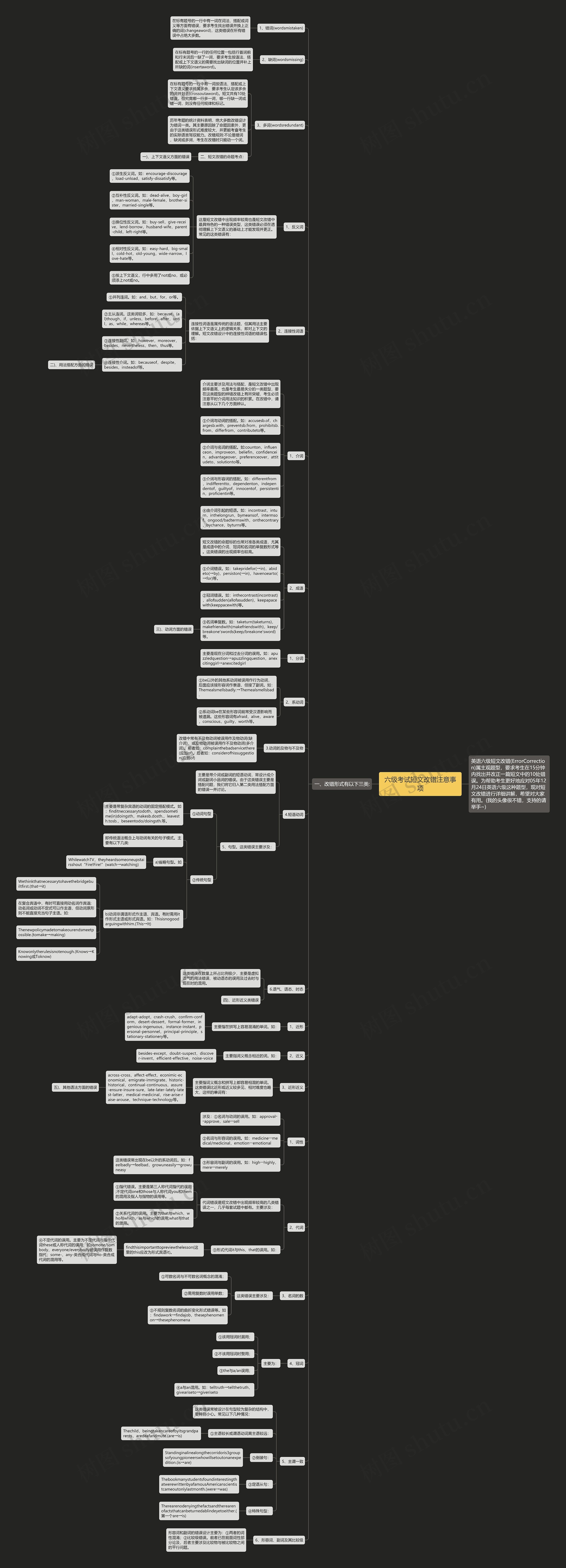 六级考试短文改错注意事项思维导图