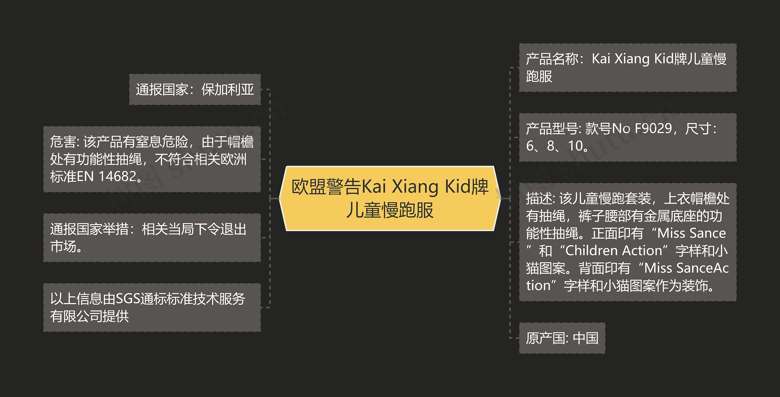 欧盟警告Kai Xiang Kid牌儿童慢跑服思维导图