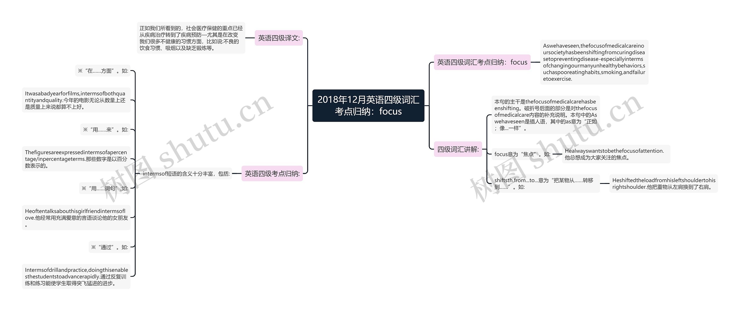 2018年12月英语四级词汇考点归纳：focus思维导图