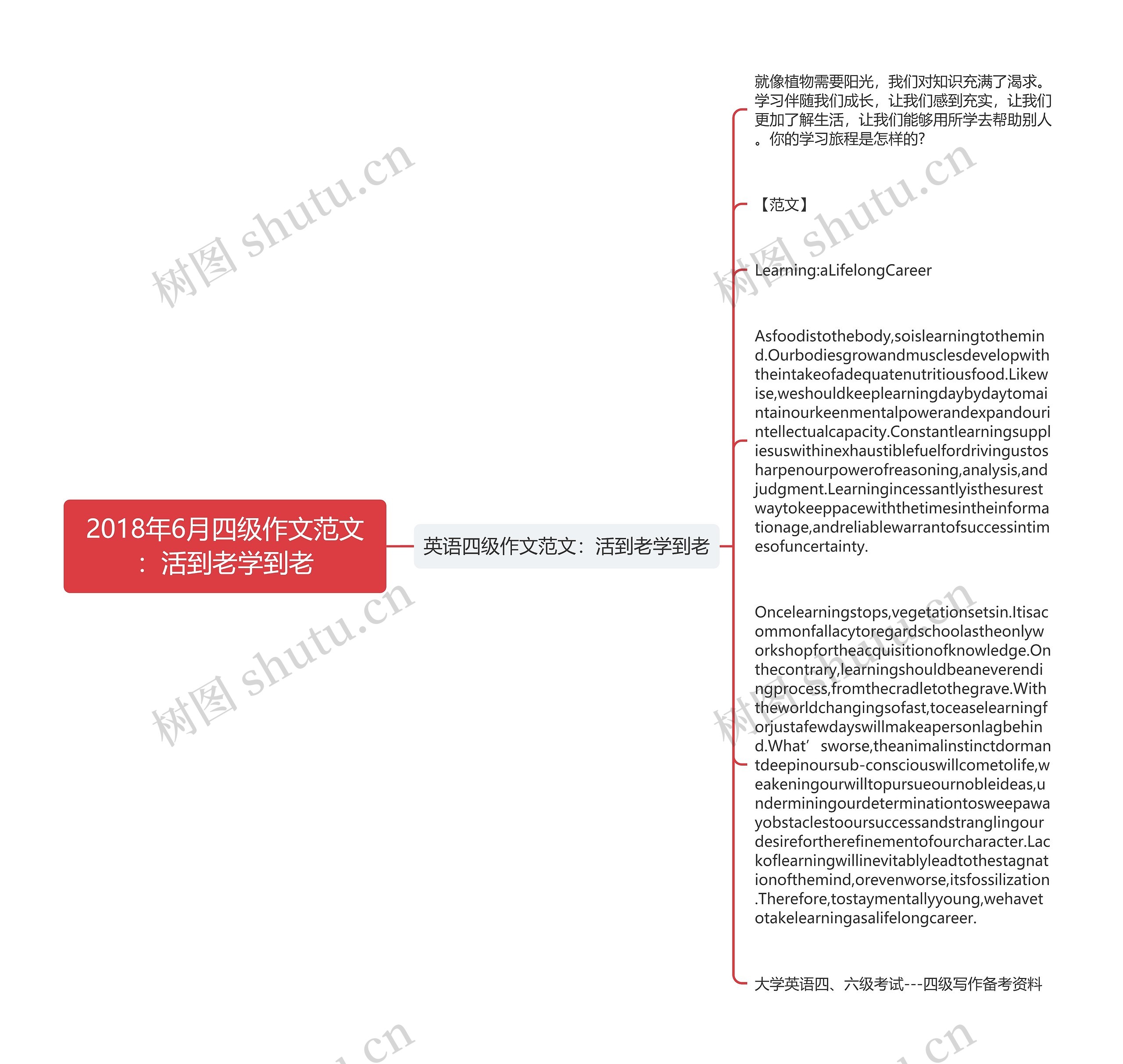 2018年6月四级作文范文：活到老学到老思维导图