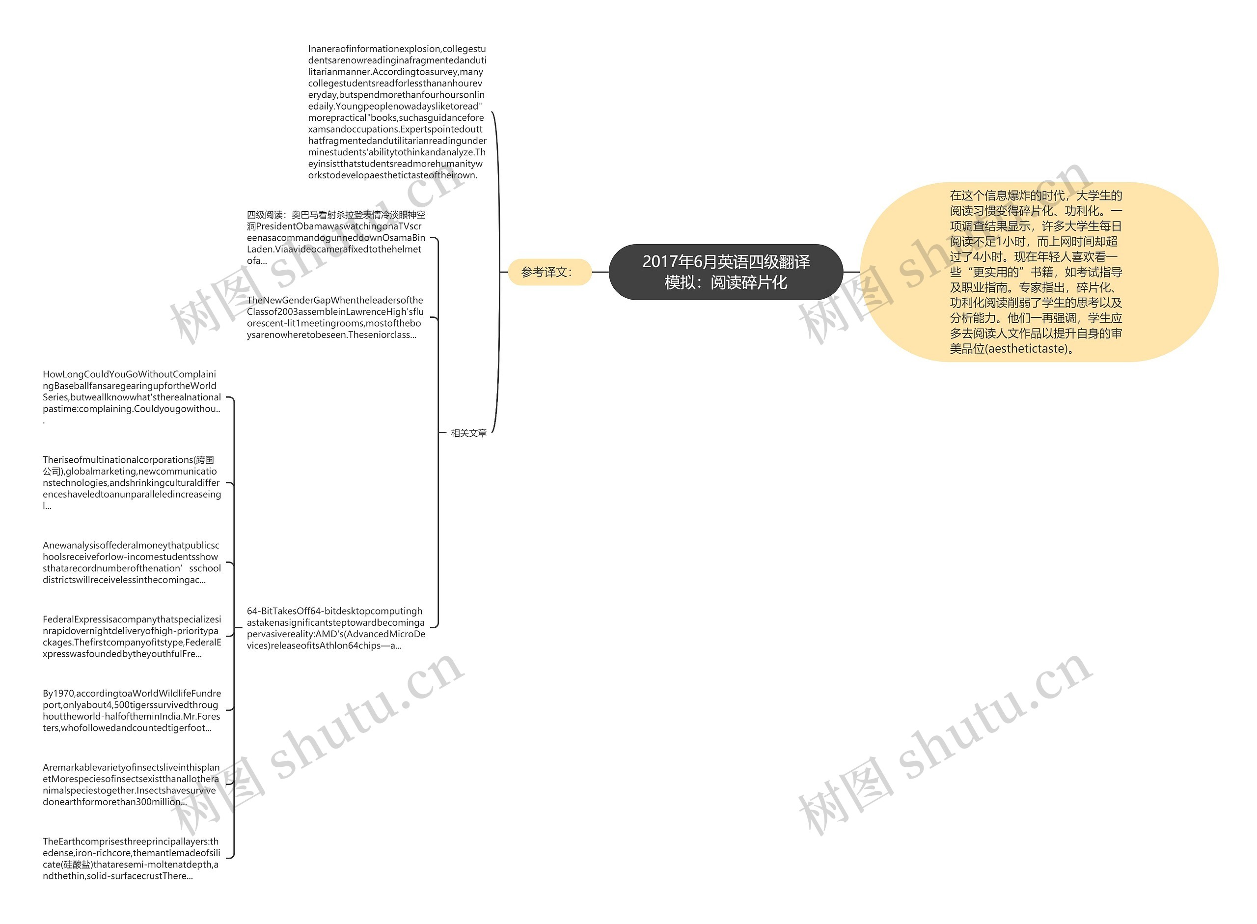 2017年6月英语四级翻译模拟：阅读碎片化思维导图