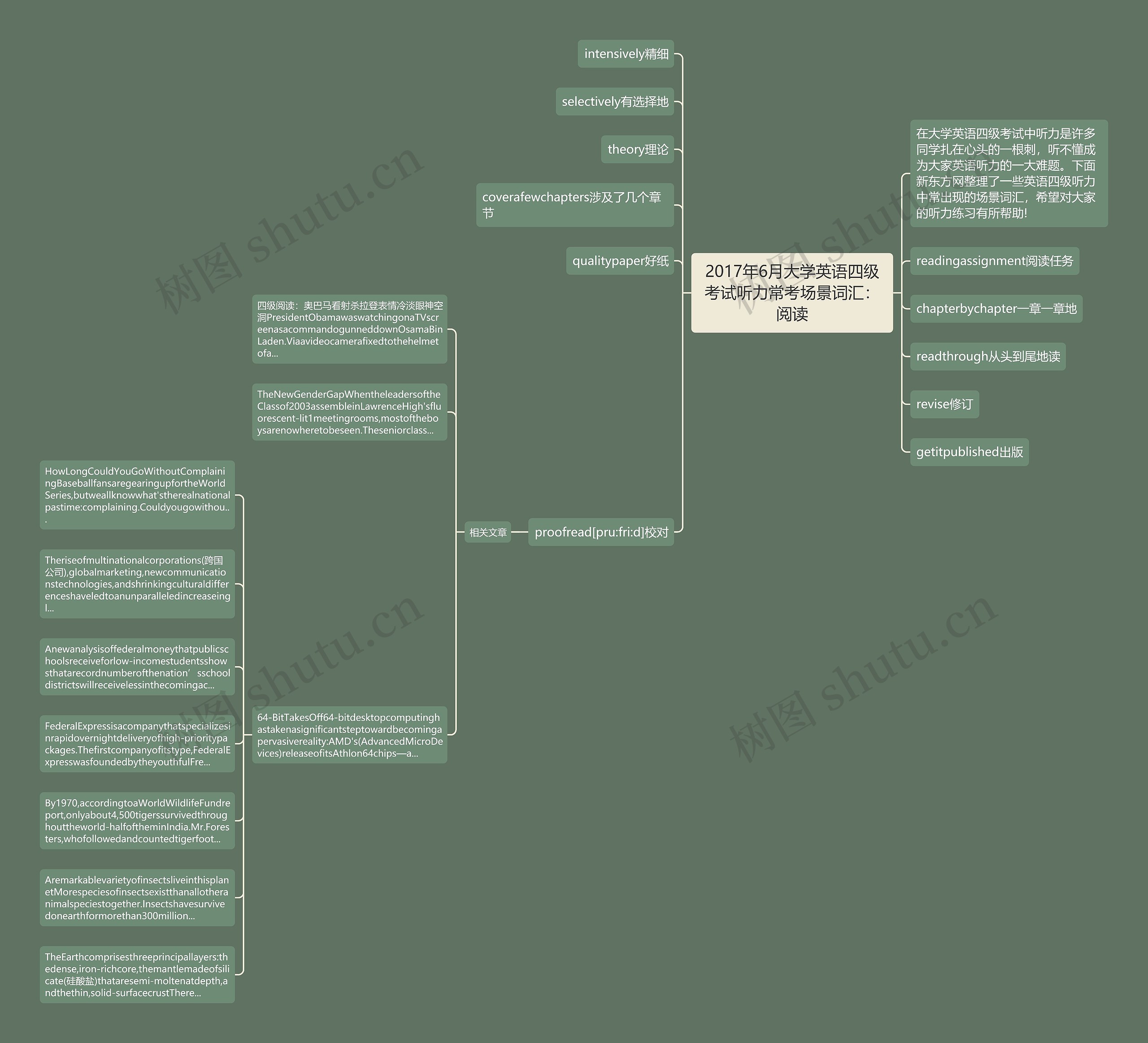 2017年6月大学英语四级考试听力常考场景词汇：阅读思维导图