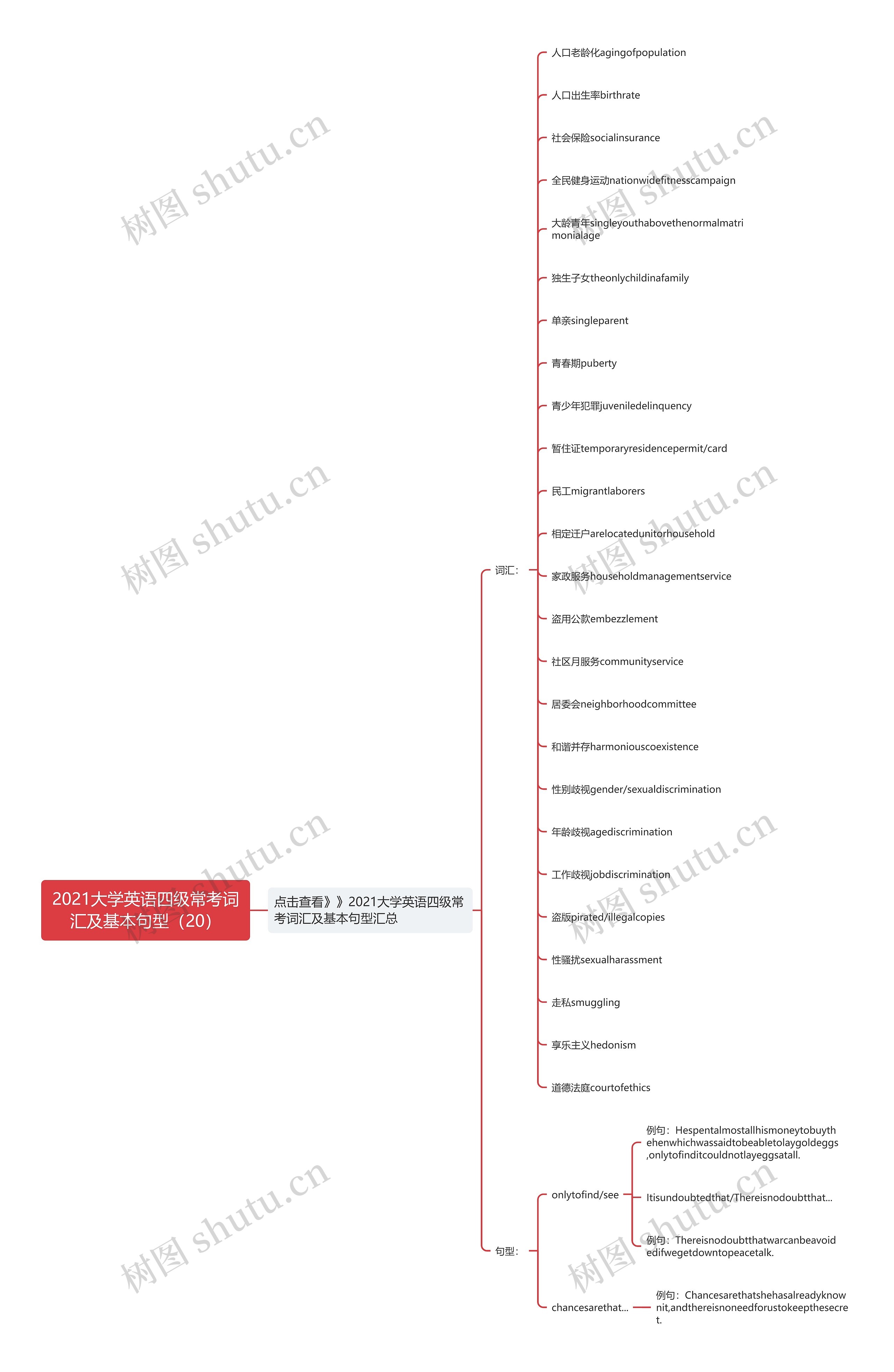 2021大学英语四级常考词汇及基本句型（20）思维导图