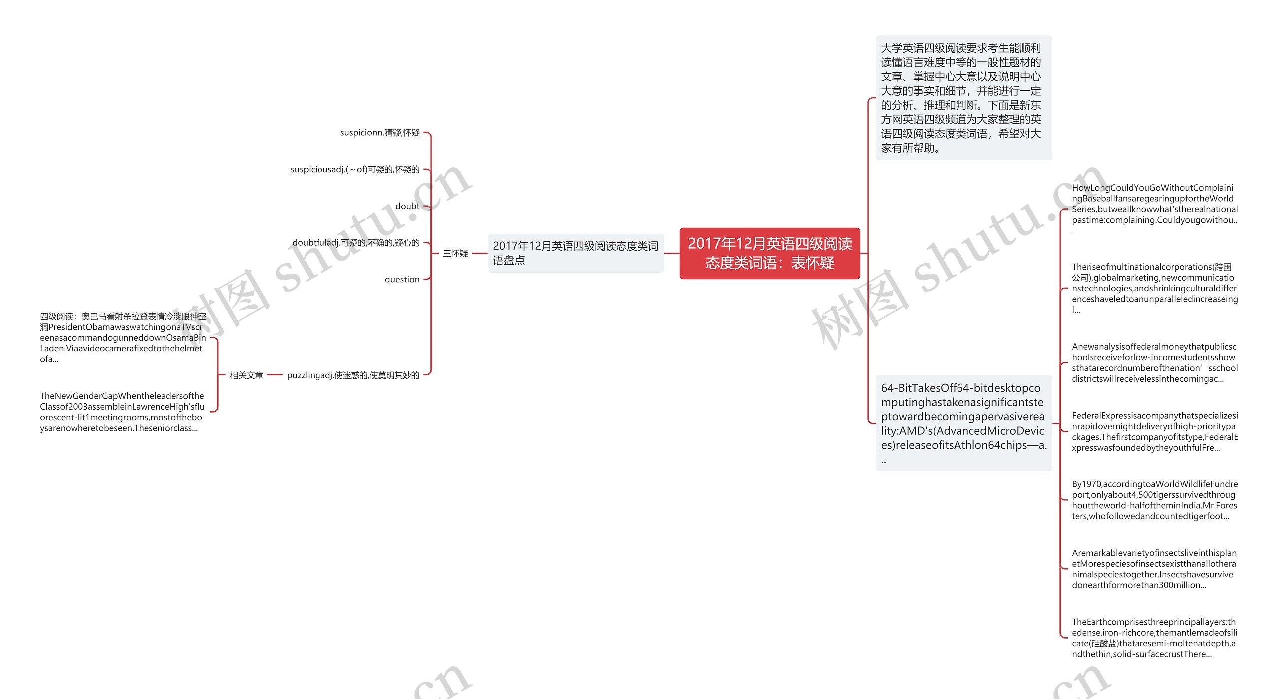 2017年12月英语四级阅读态度类词语：表怀疑思维导图