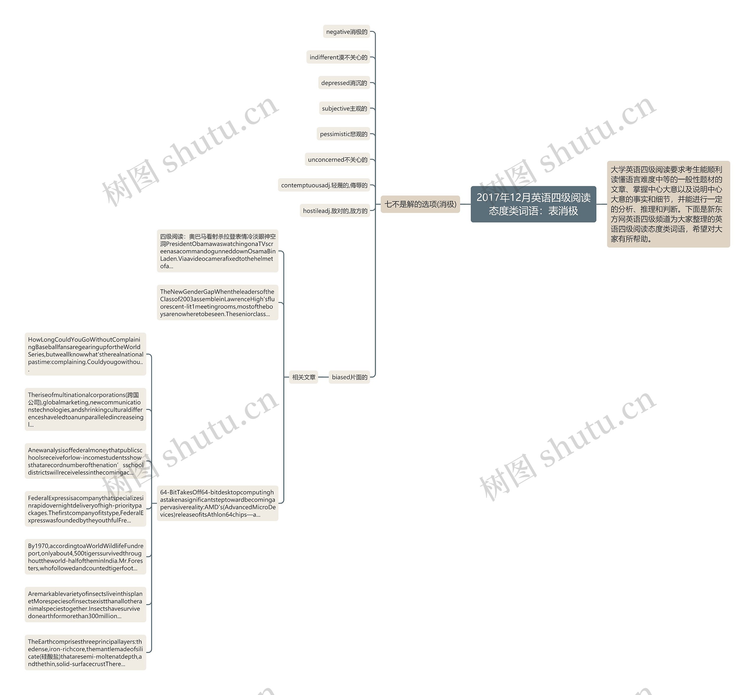 2017年12月英语四级阅读态度类词语：表消极思维导图