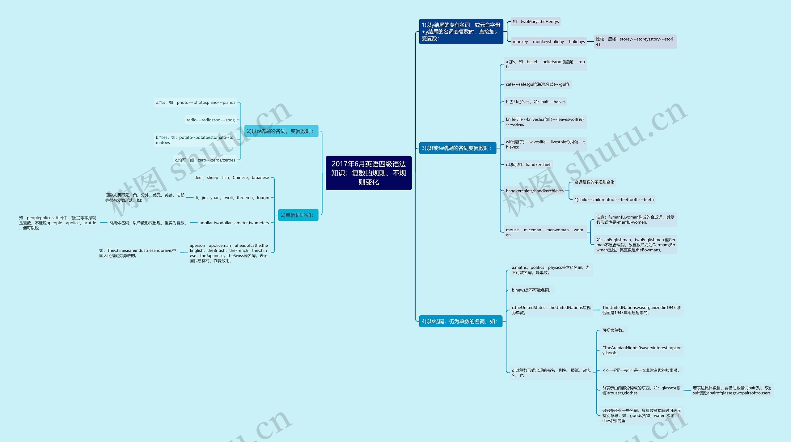 2017年6月英语四级语法知识：复数的规则、不规则变化思维导图