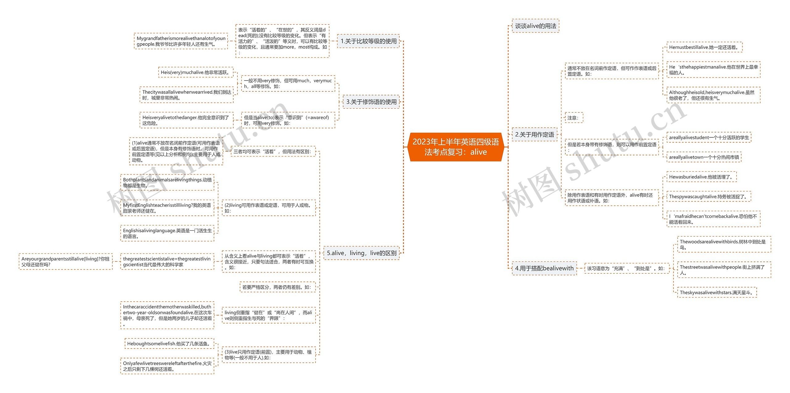2023年上半年英语四级语法考点复习：alive思维导图