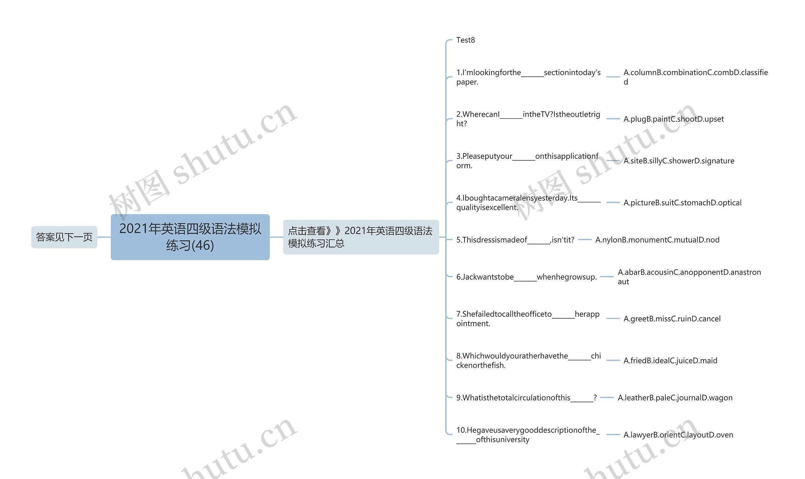 2021年英语四级语法模拟练习(46)思维导图