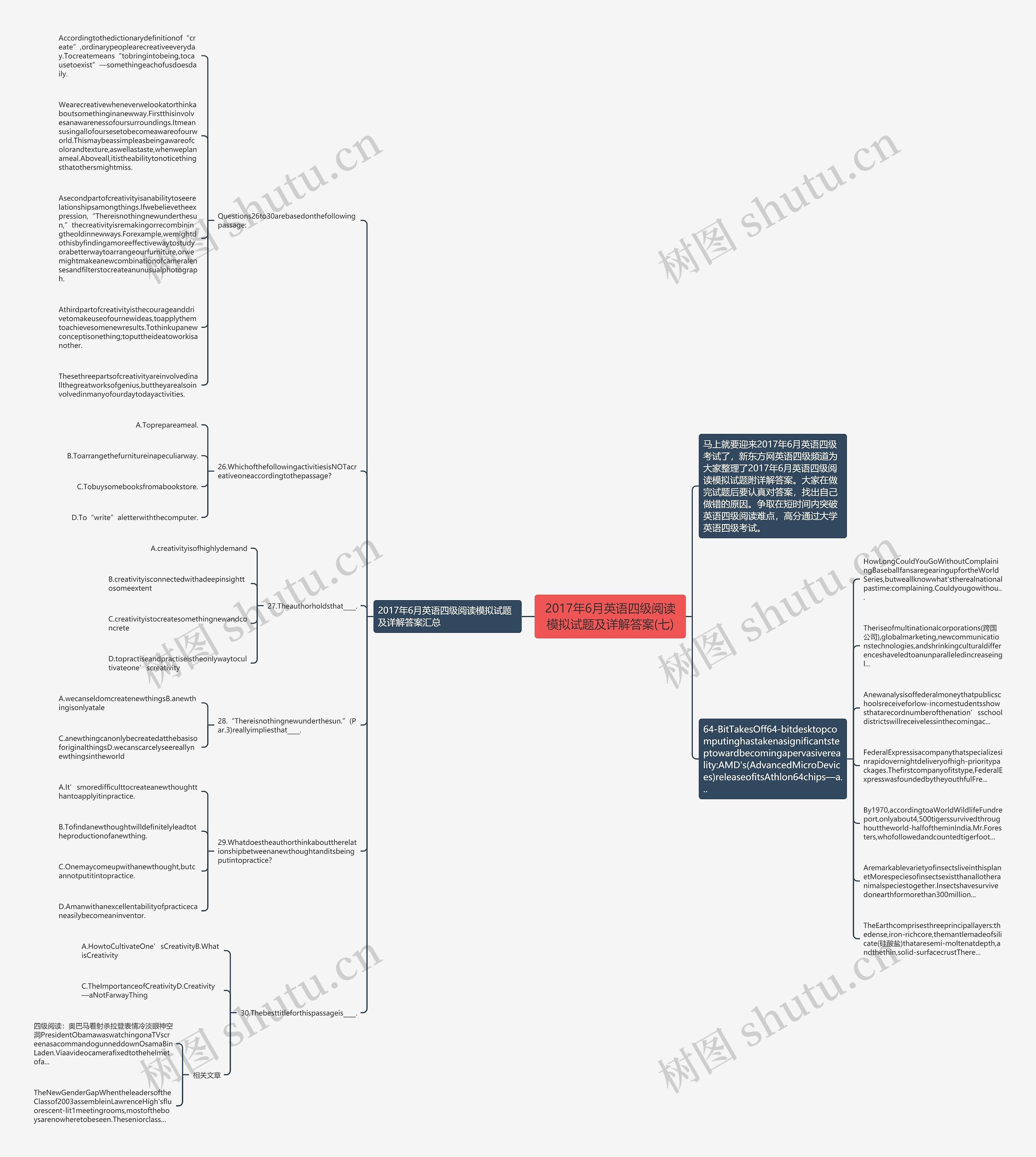 2017年6月英语四级阅读模拟试题及详解答案(七)思维导图