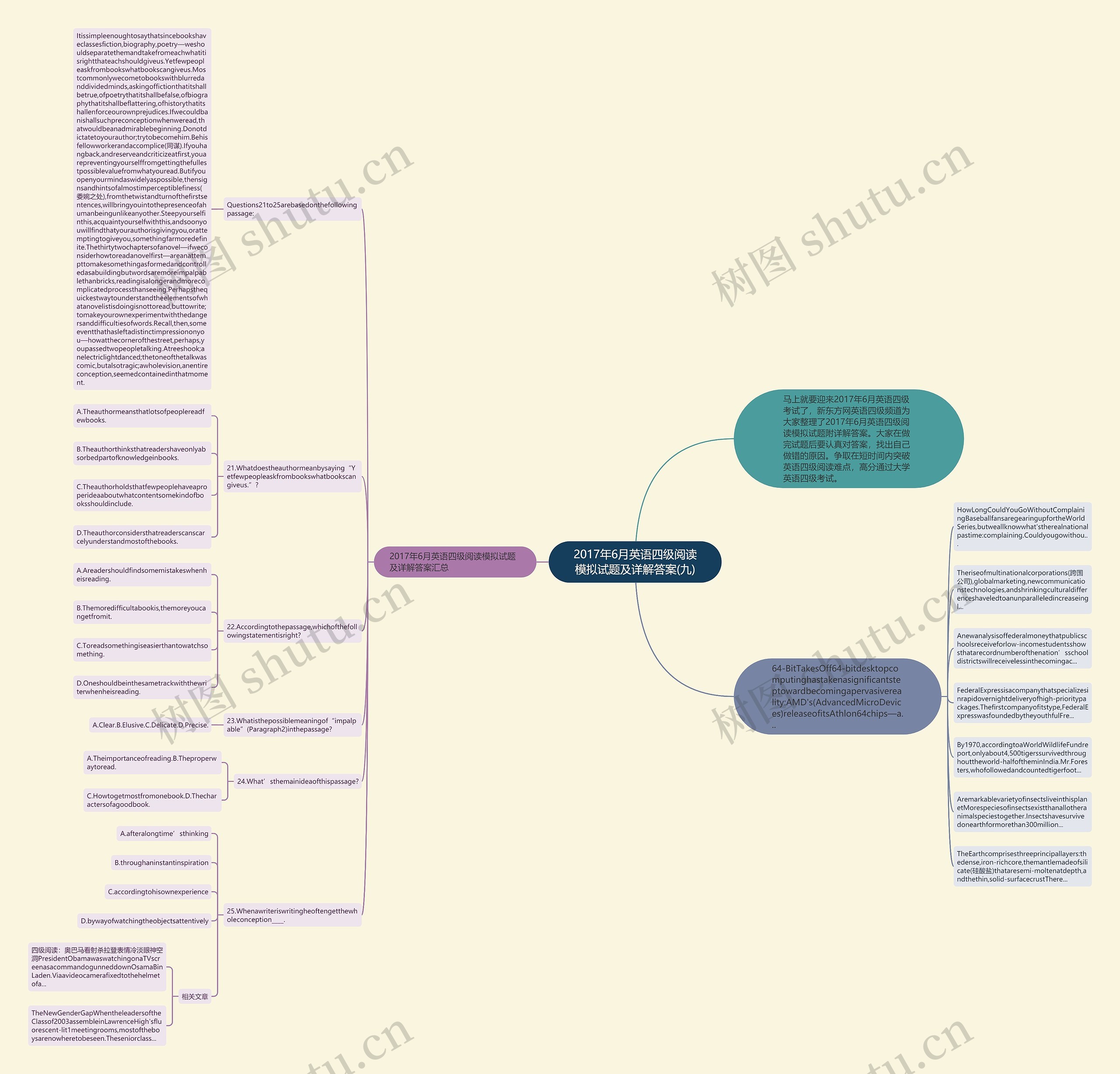 2017年6月英语四级阅读模拟试题及详解答案(九)思维导图