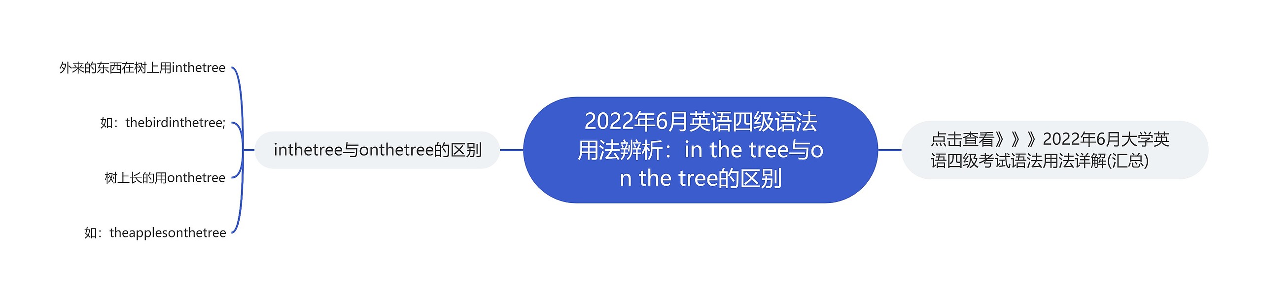2022年6月英语四级语法用法辨析：in the tree与on the tree的区别思维导图