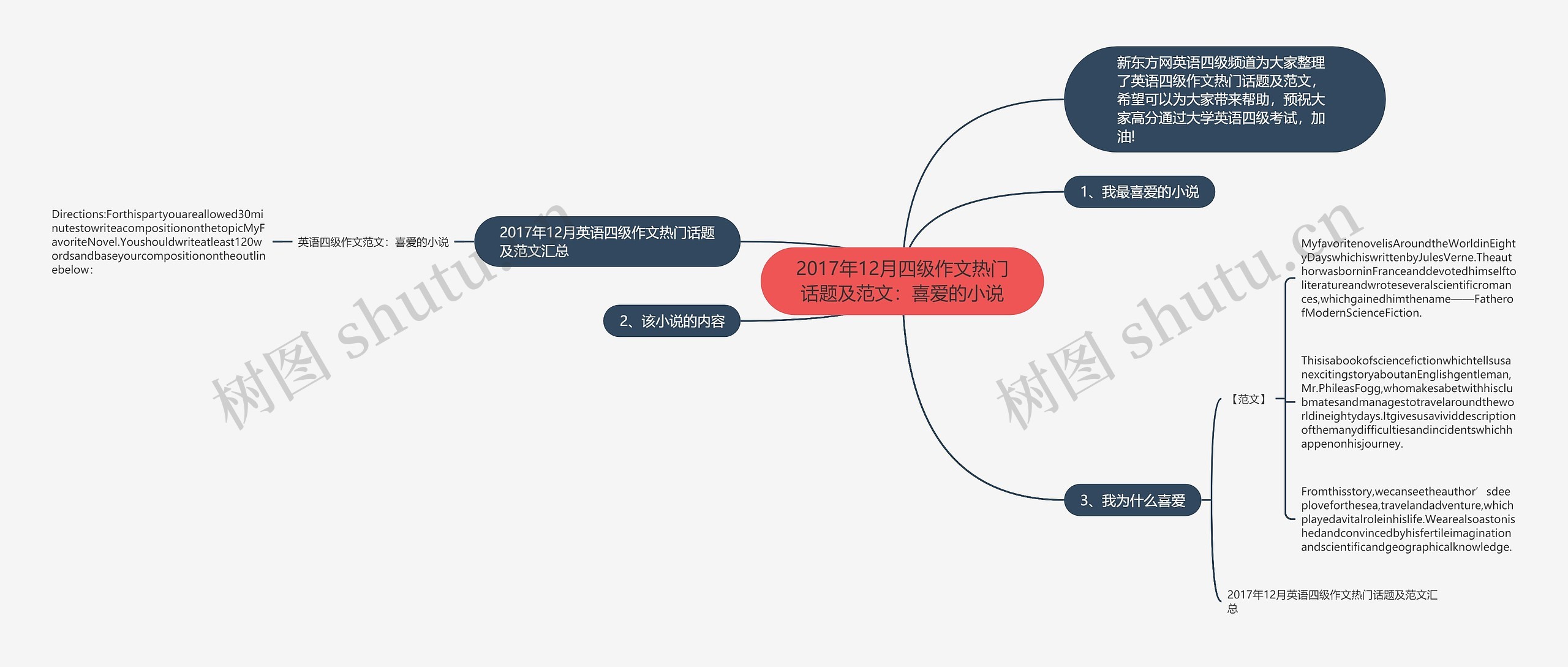 2017年12月四级作文热门话题及范文：喜爱的小说思维导图