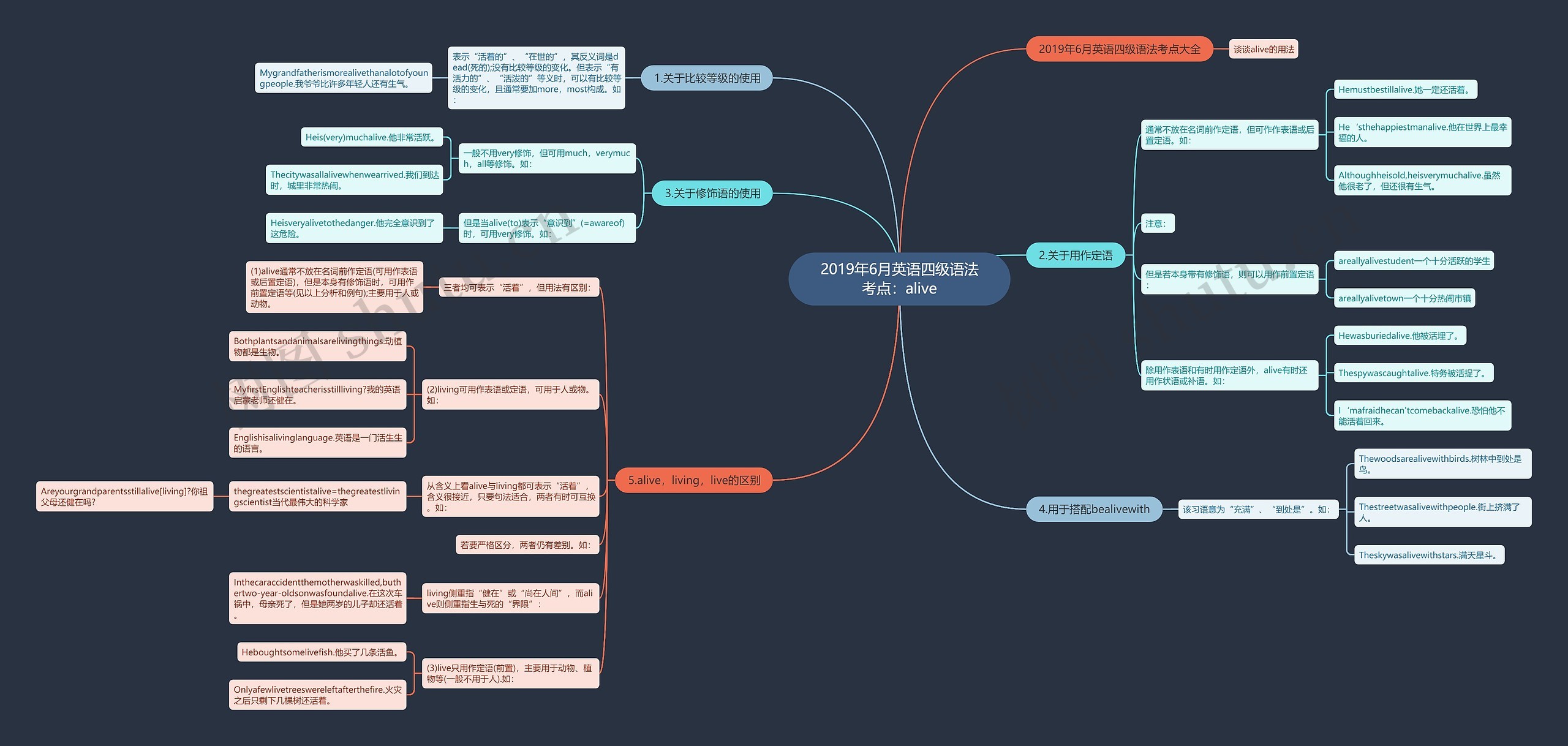 2019年6月英语四级语法考点：alive思维导图