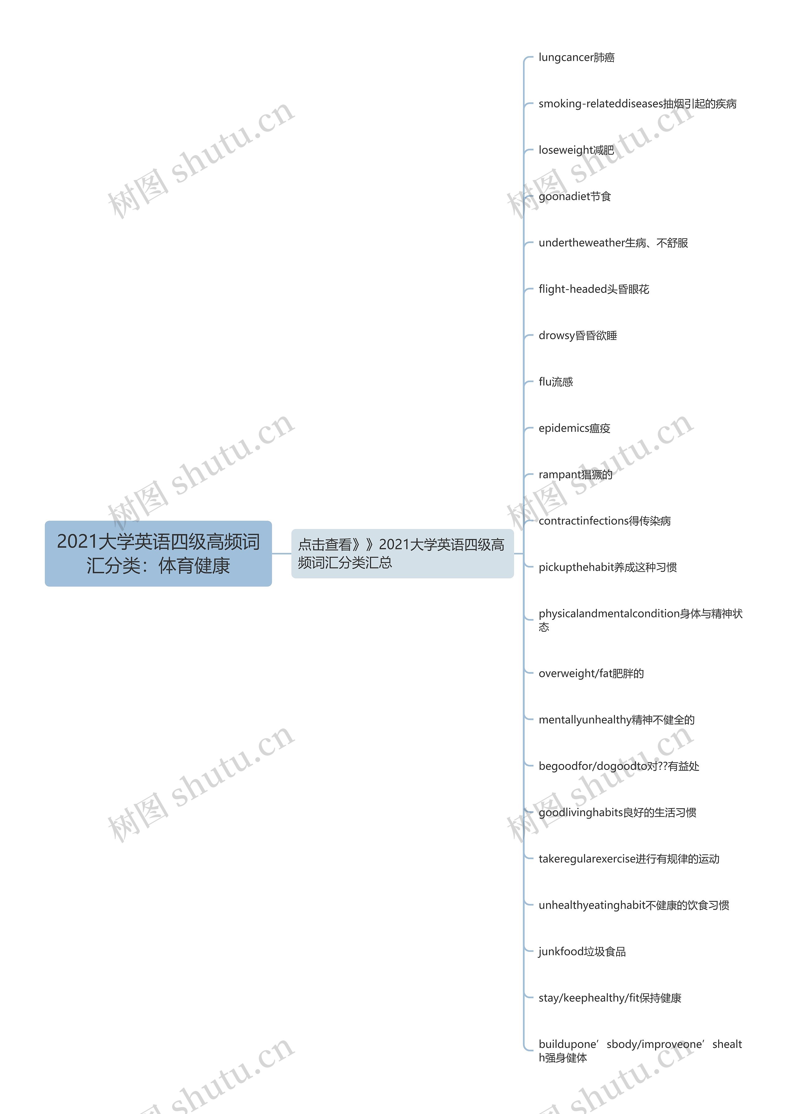 2021大学英语四级高频词汇分类：体育健康思维导图