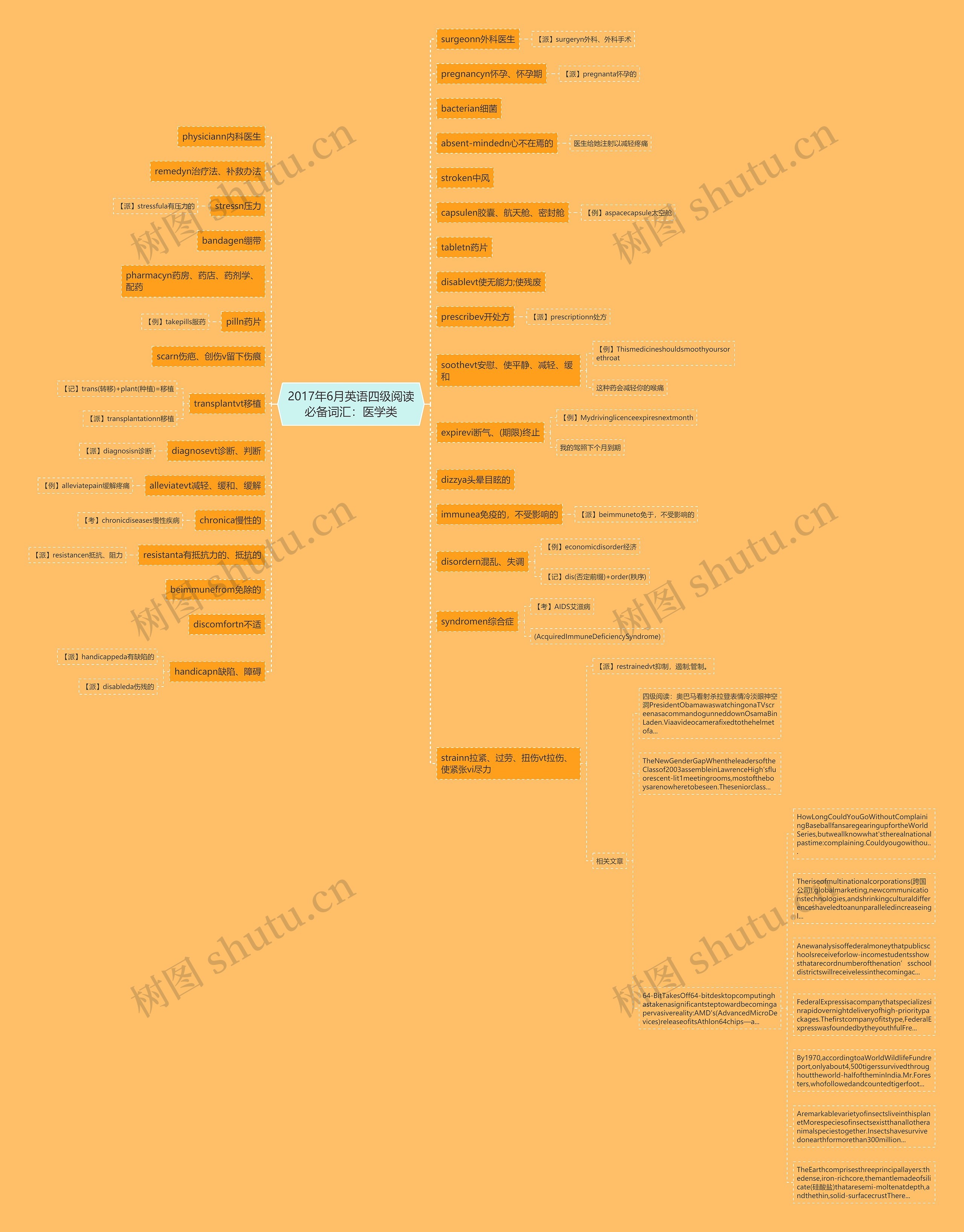 2017年6月英语四级阅读必备词汇：医学类思维导图