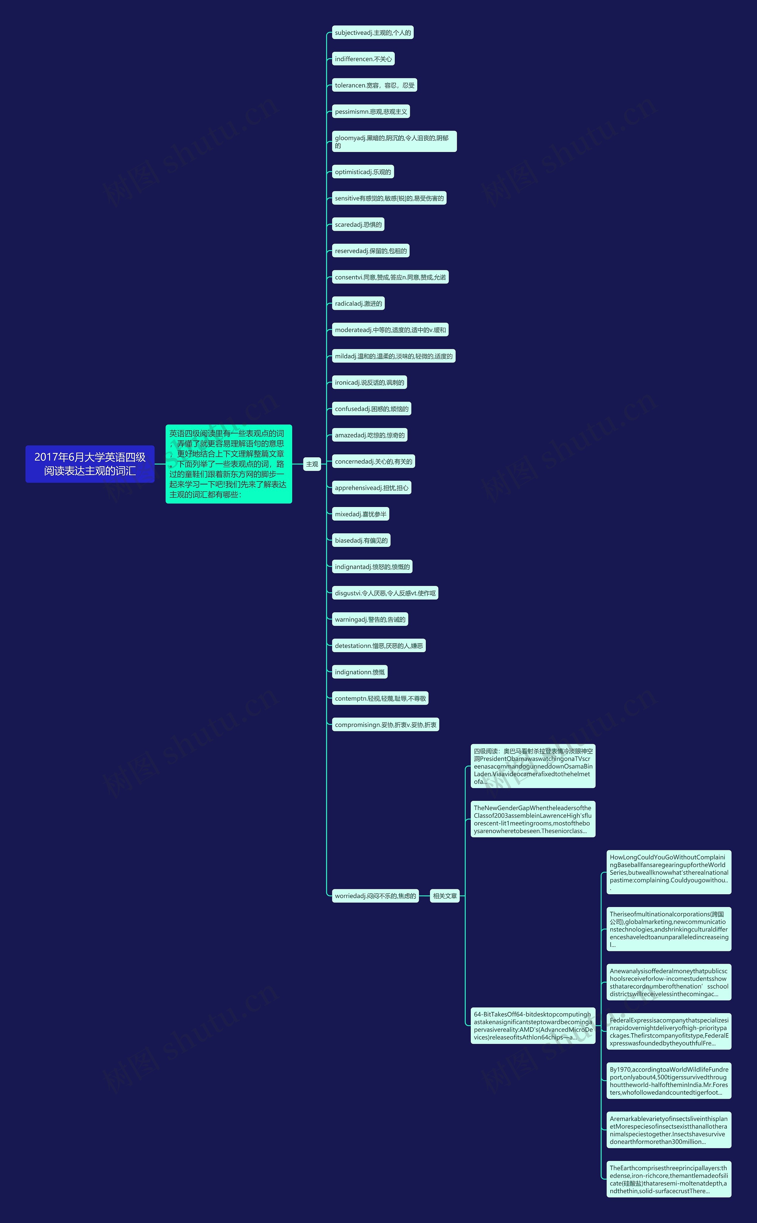 2017年6月大学英语四级阅读表达主观的词汇思维导图