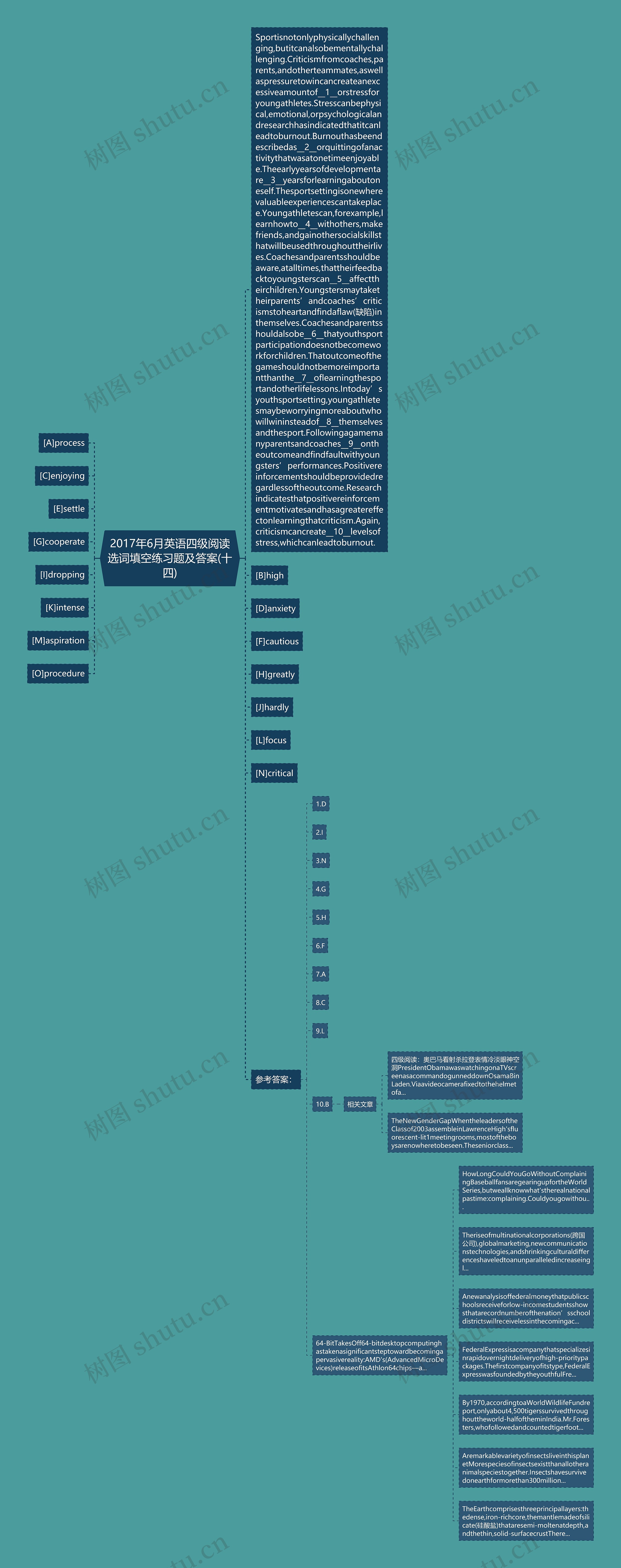 2017年6月英语四级阅读选词填空练习题及答案(十四)思维导图