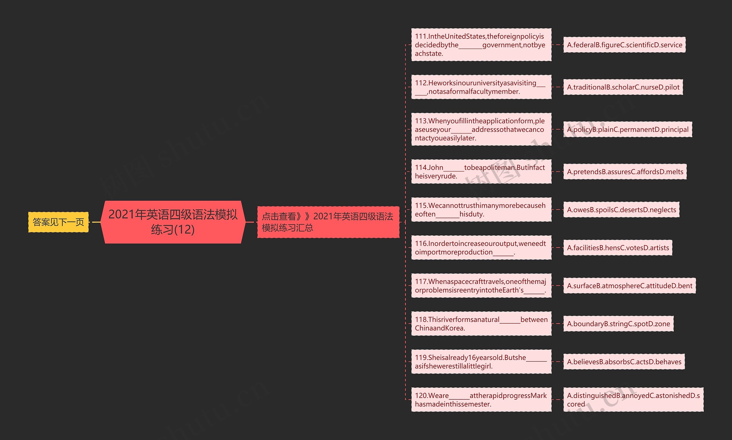 2021年英语四级语法模拟练习(12)思维导图