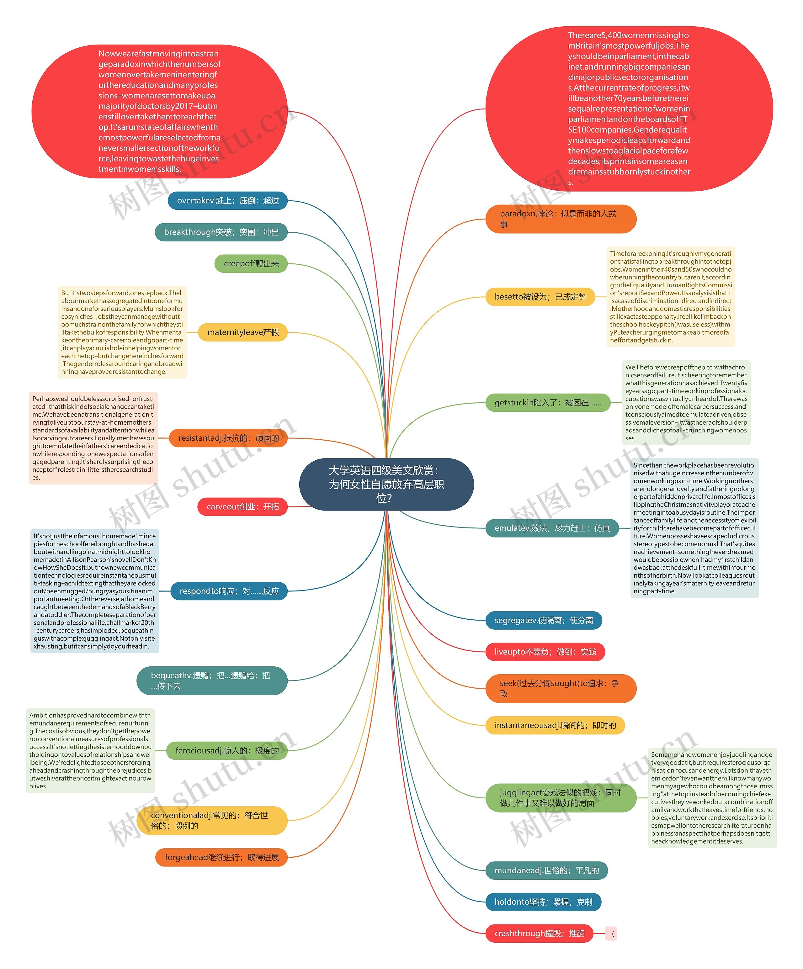 大学英语四级美文欣赏：为何女性自愿放弃高层职位？思维导图