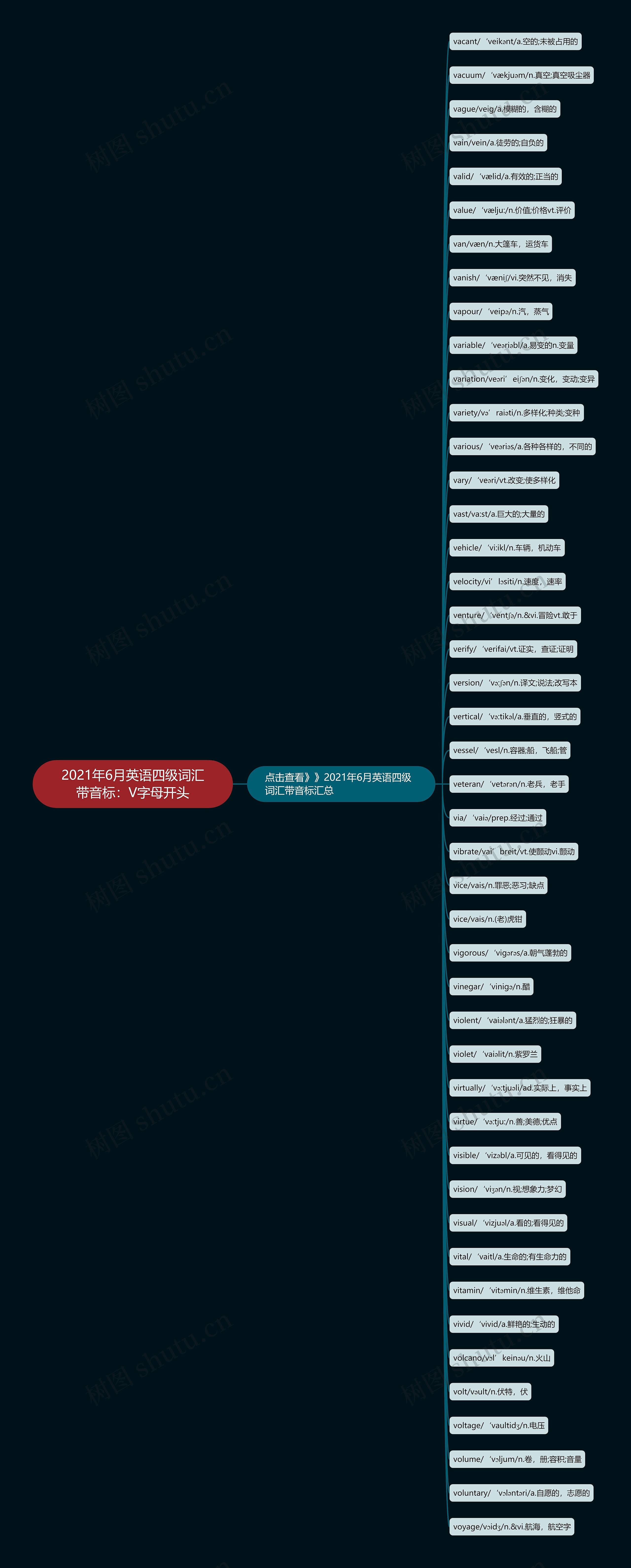 2021年6月英语四级词汇带音标：V字母开头思维导图