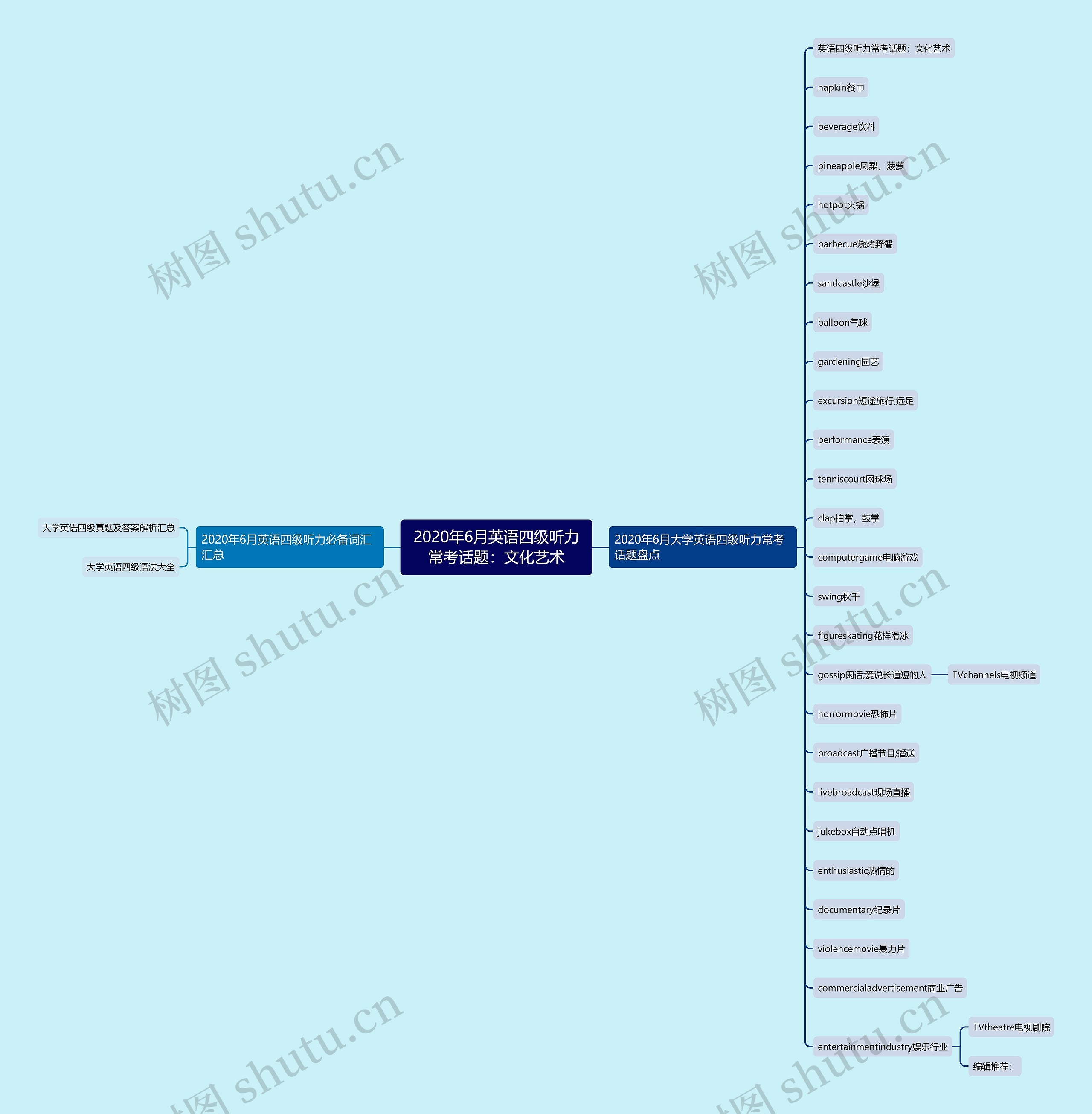 2020年6月英语四级听力常考话题：文化艺术思维导图