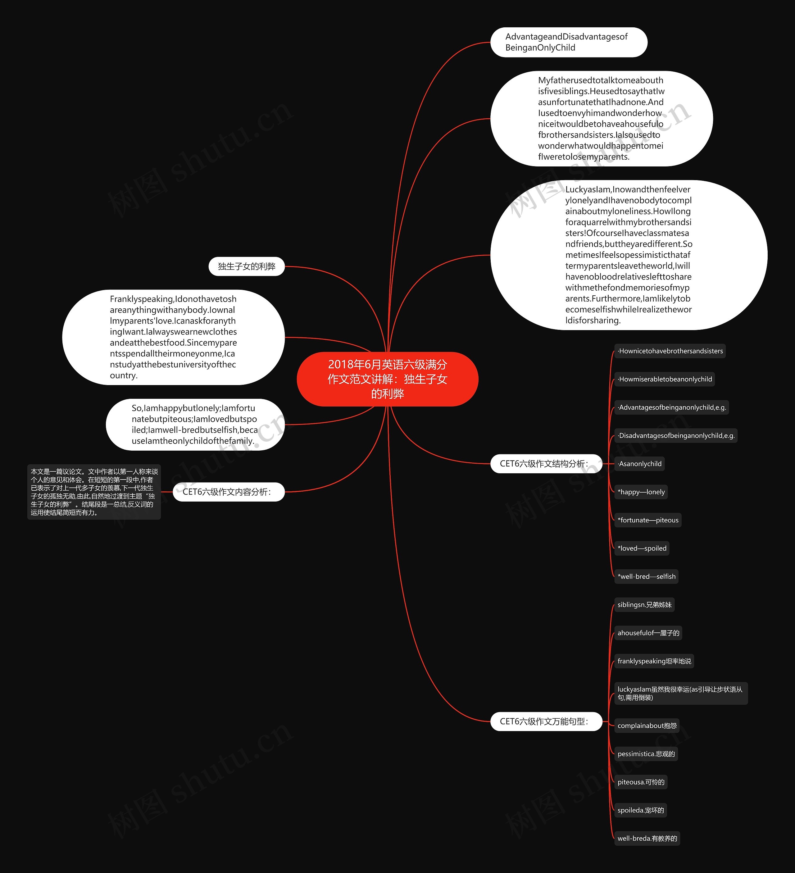 2018年6月英语六级满分作文范文讲解：独生子女的利弊思维导图