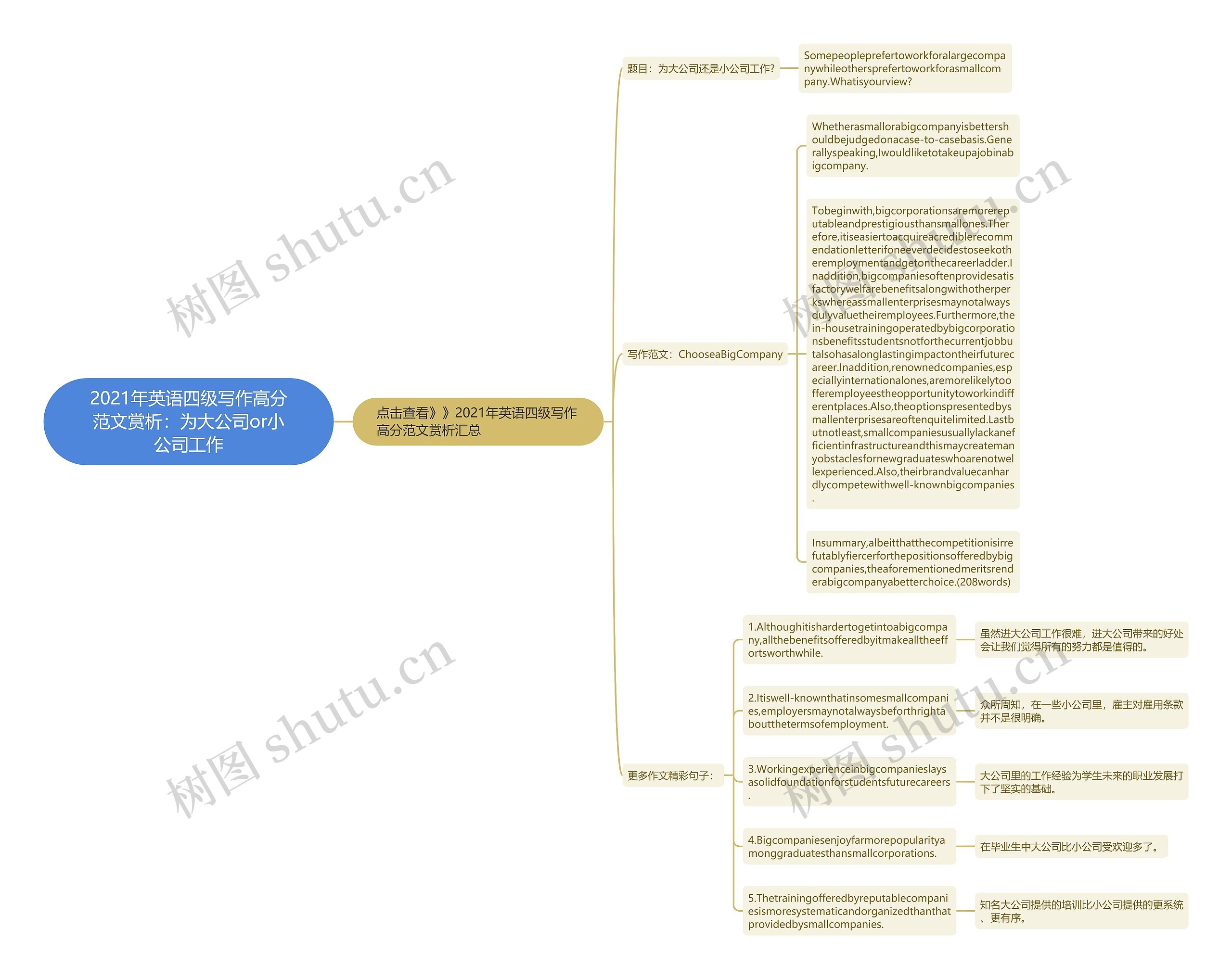 2021年英语四级写作高分范文赏析：为大公司or小公司工作思维导图