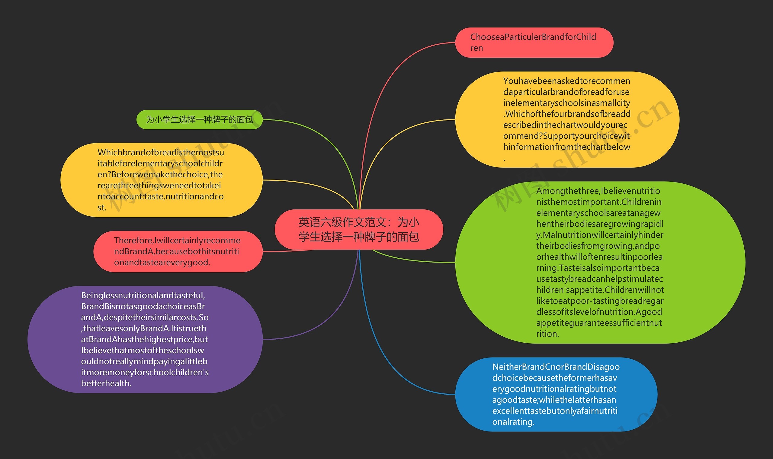 英语六级作文范文：为小学生选择一种牌子的面包思维导图