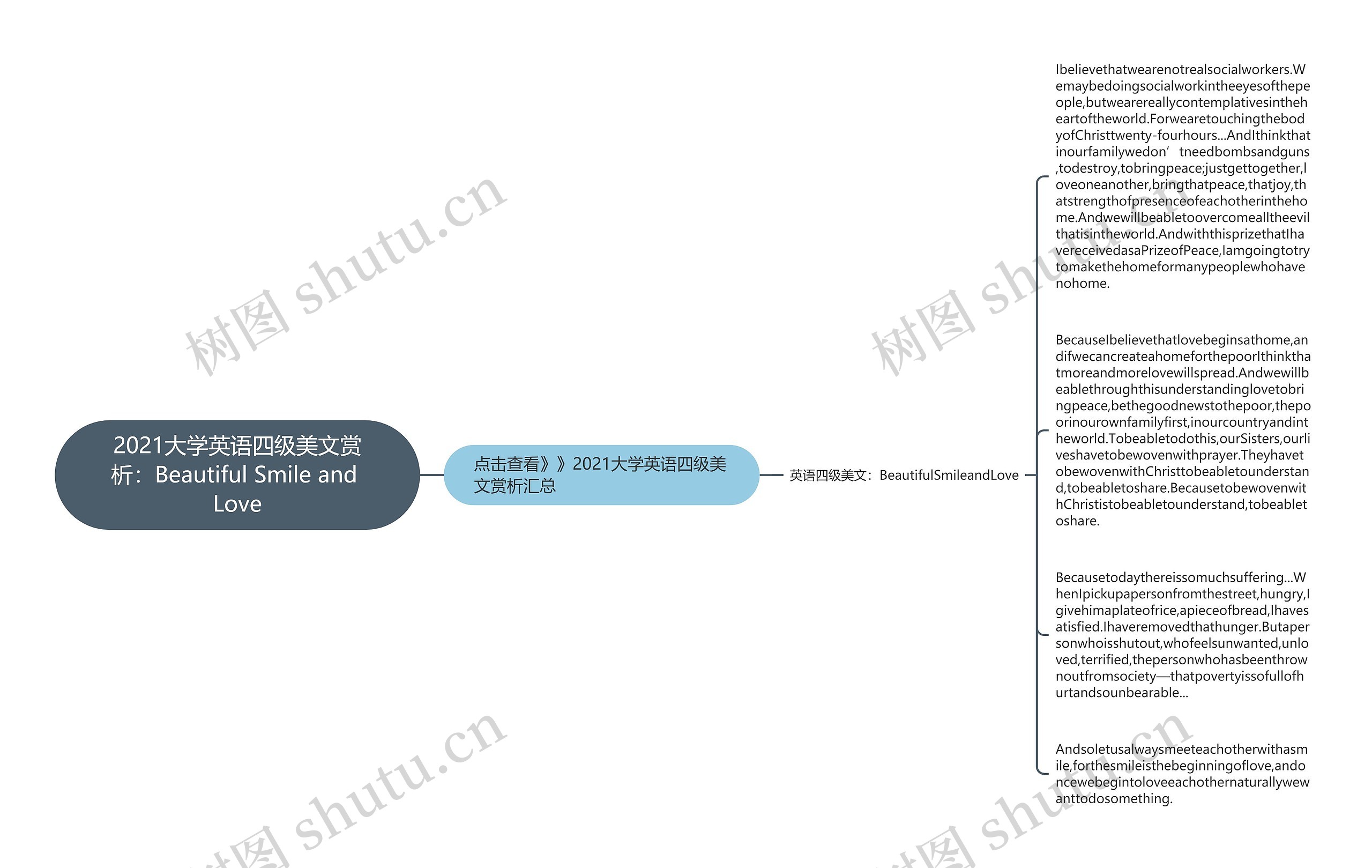 2021大学英语四级美文赏析：Beautiful Smile and Love思维导图