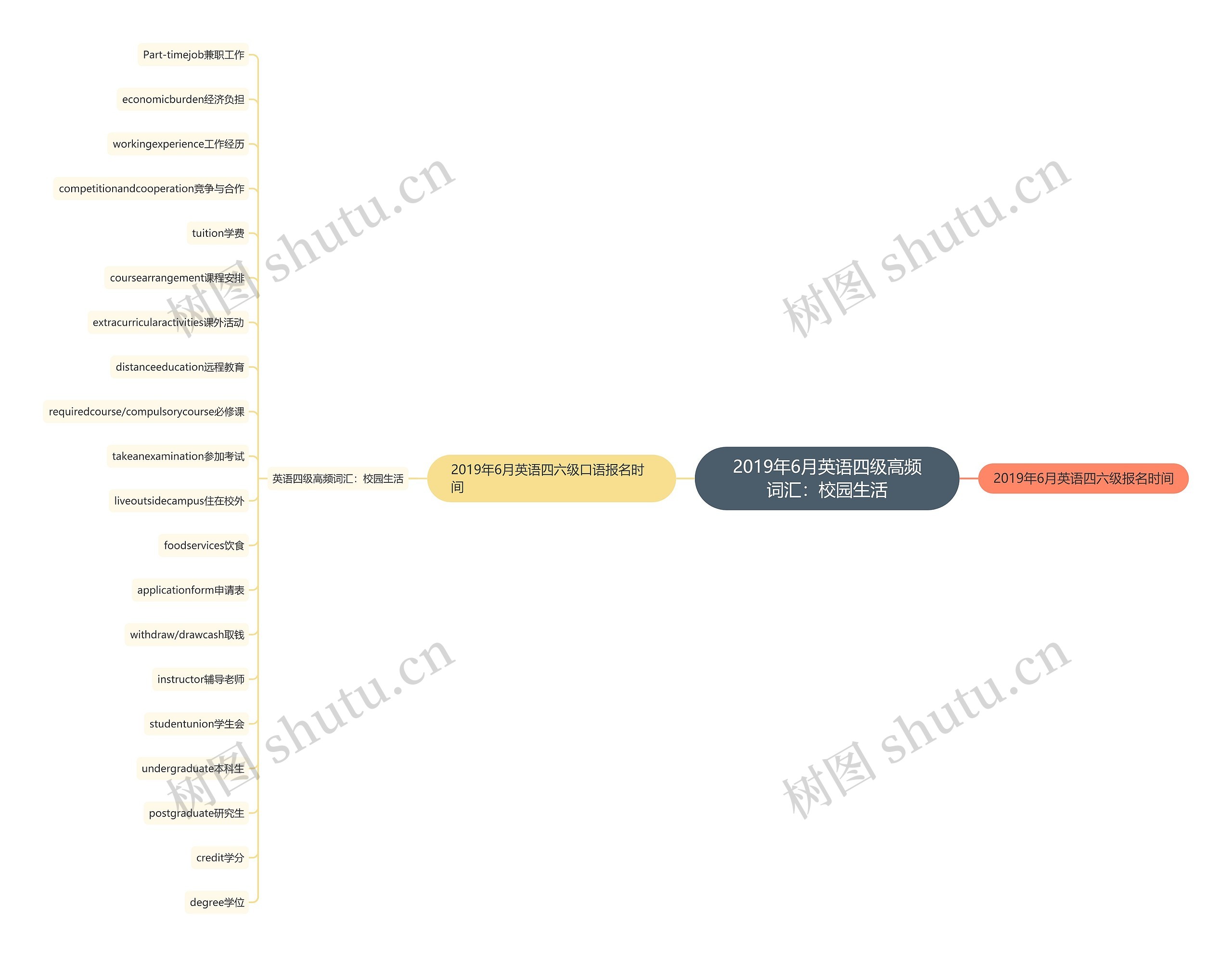 2019年6月英语四级高频词汇：校园生活思维导图