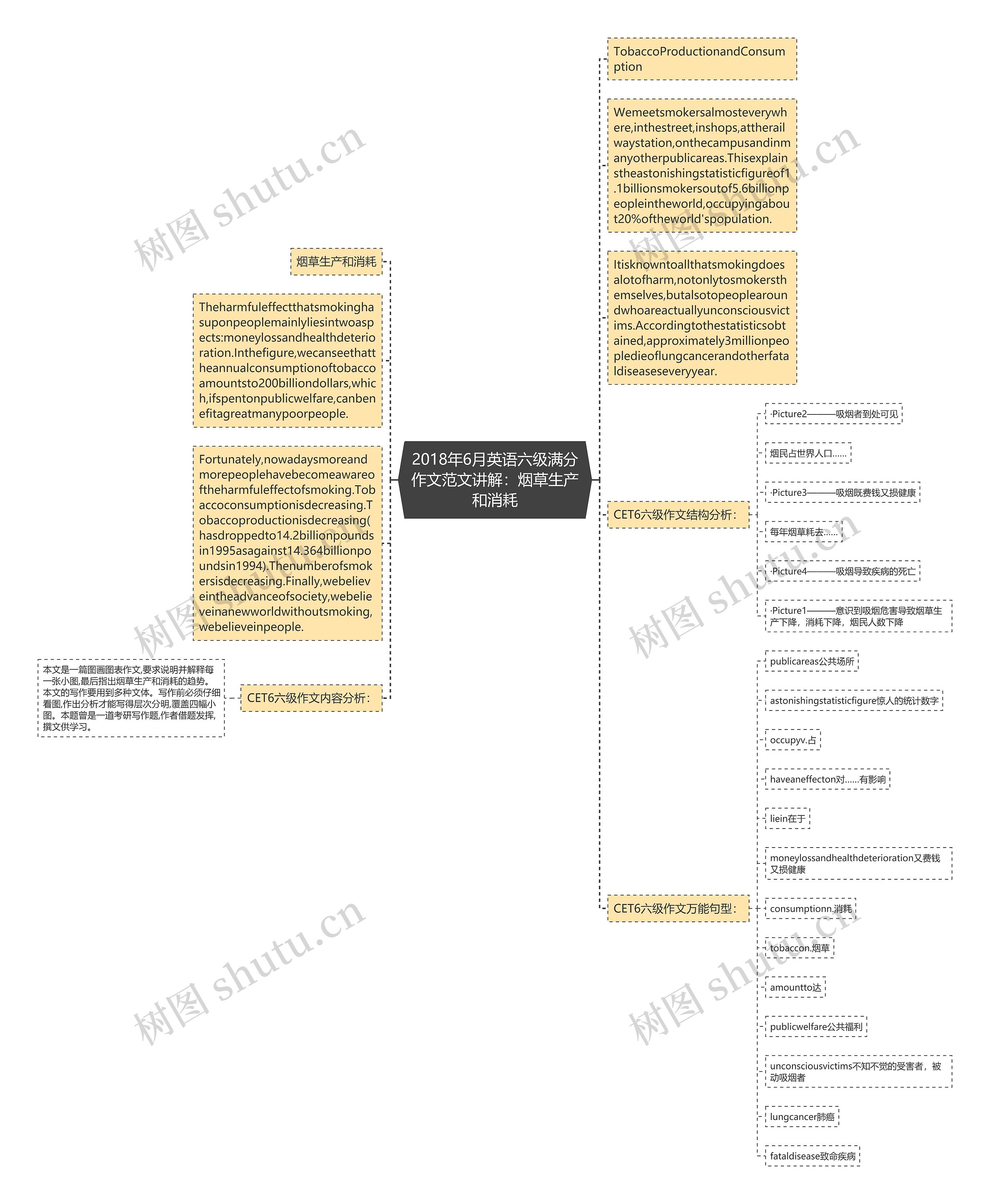 2018年6月英语六级满分作文范文讲解：烟草生产和消耗思维导图