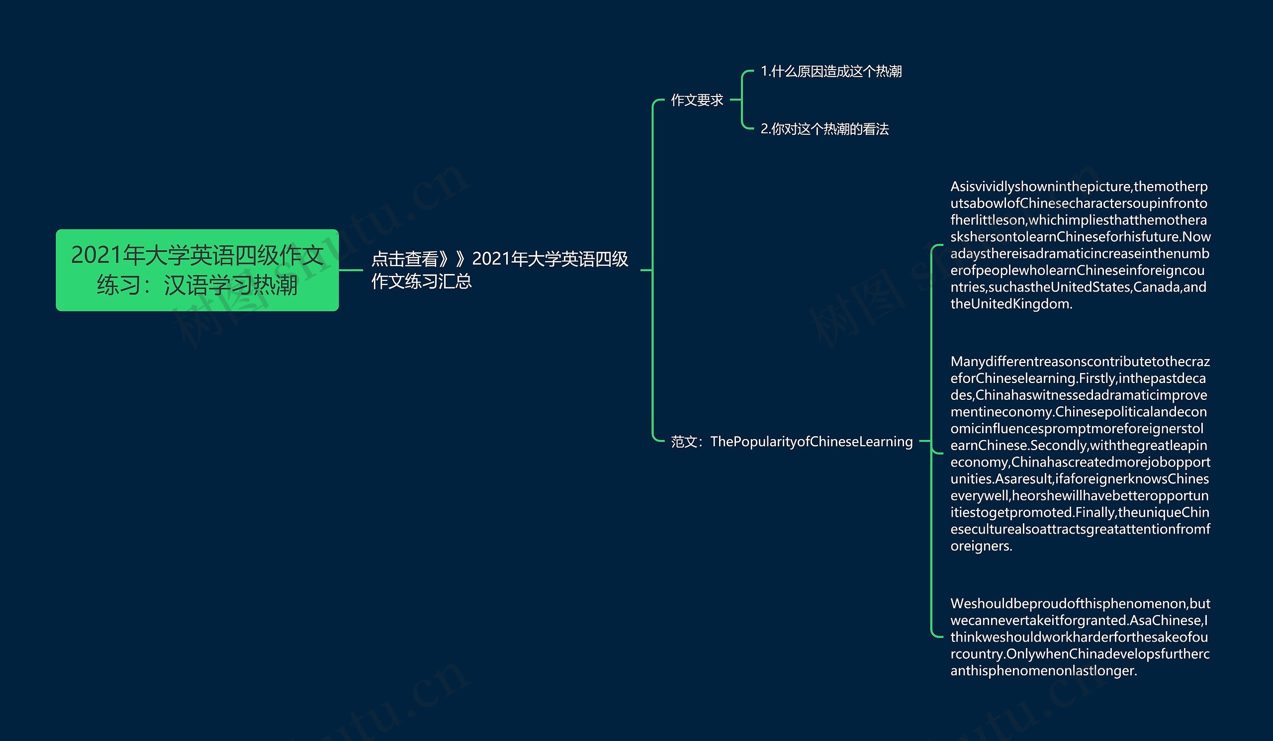 2021年大学英语四级作文练习：汉语学习热潮思维导图