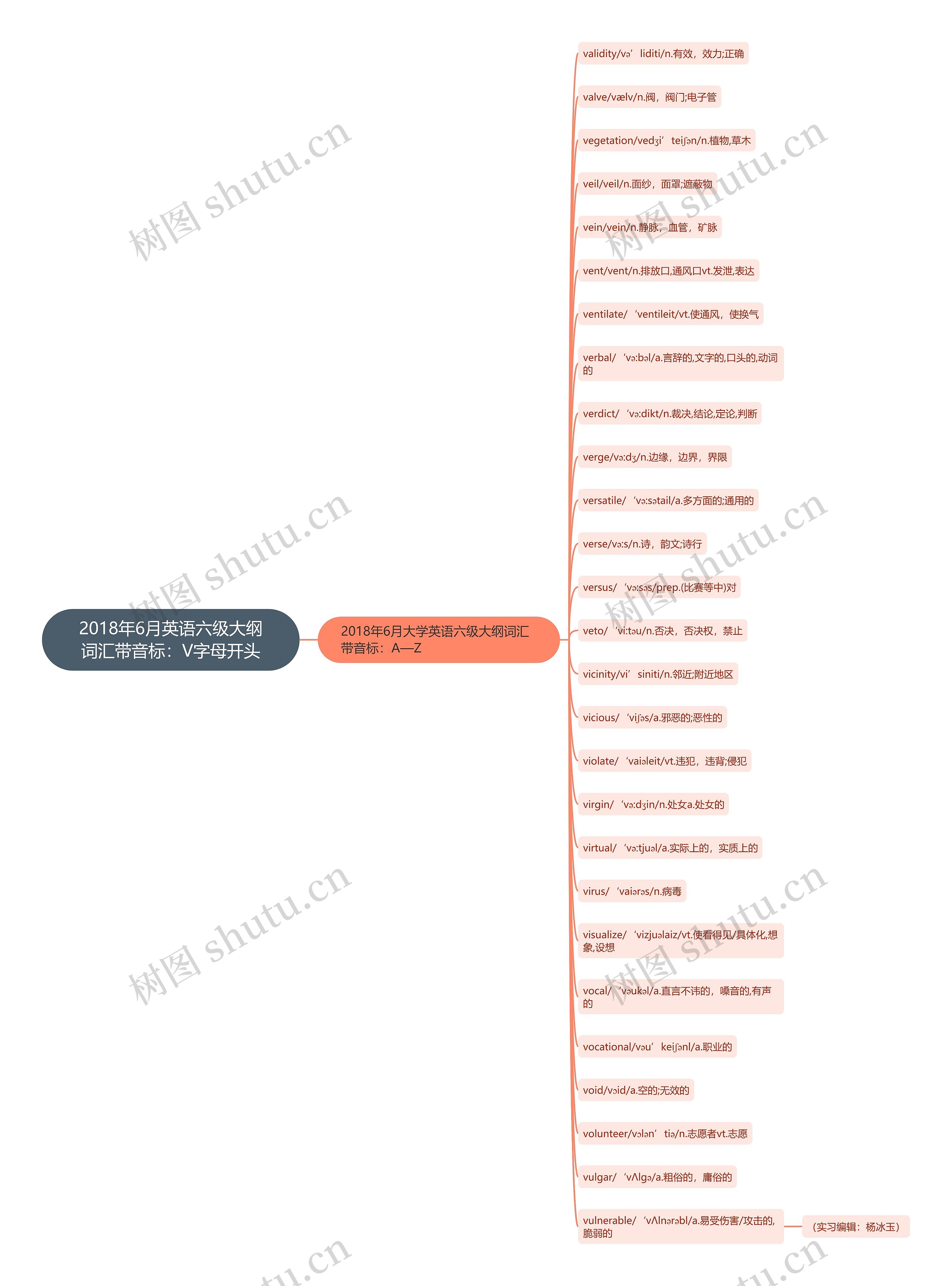 2018年6月英语六级大纲词汇带音标：V字母开头思维导图