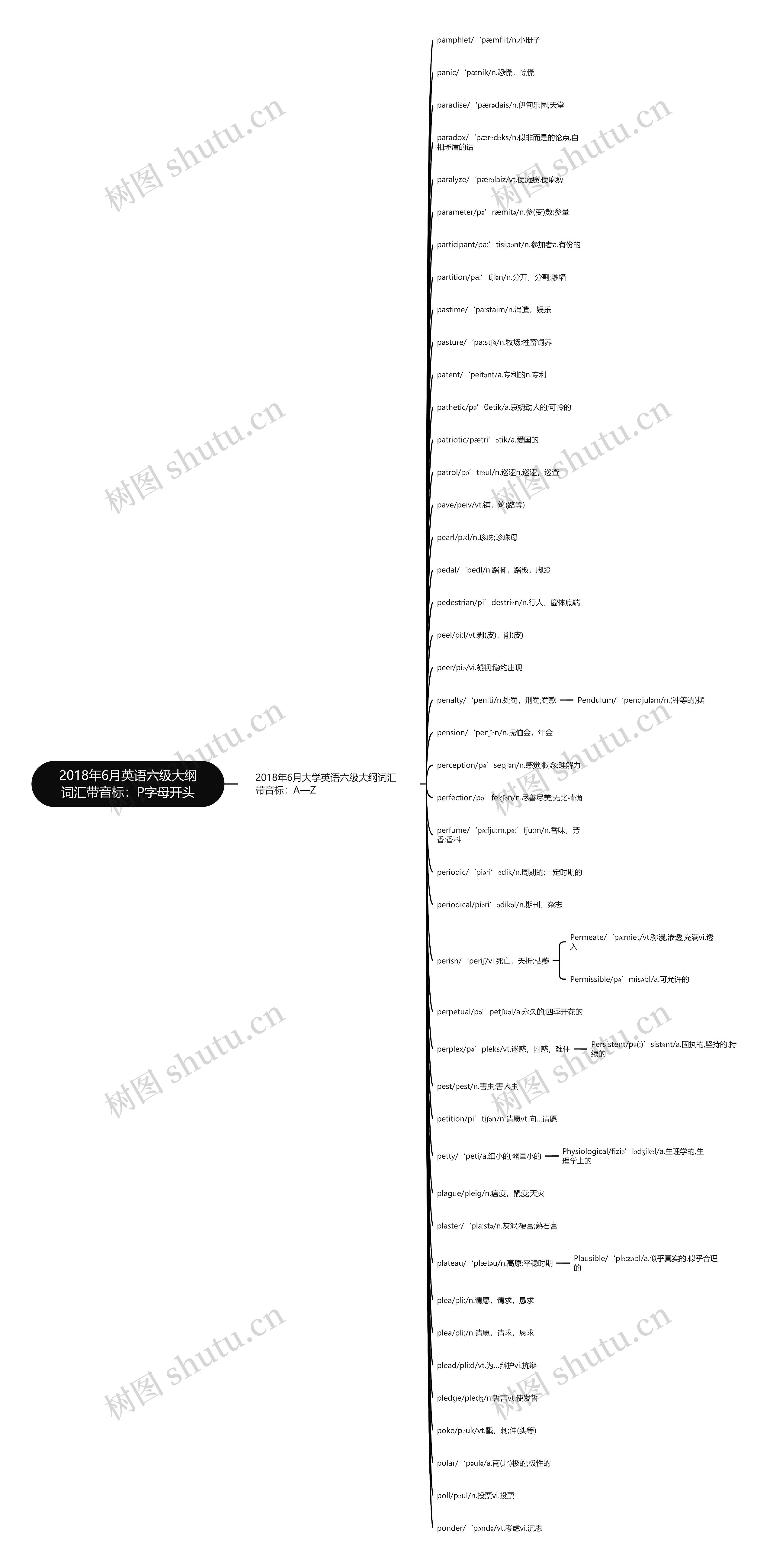 2018年6月英语六级大纲词汇带音标：P字母开头思维导图
