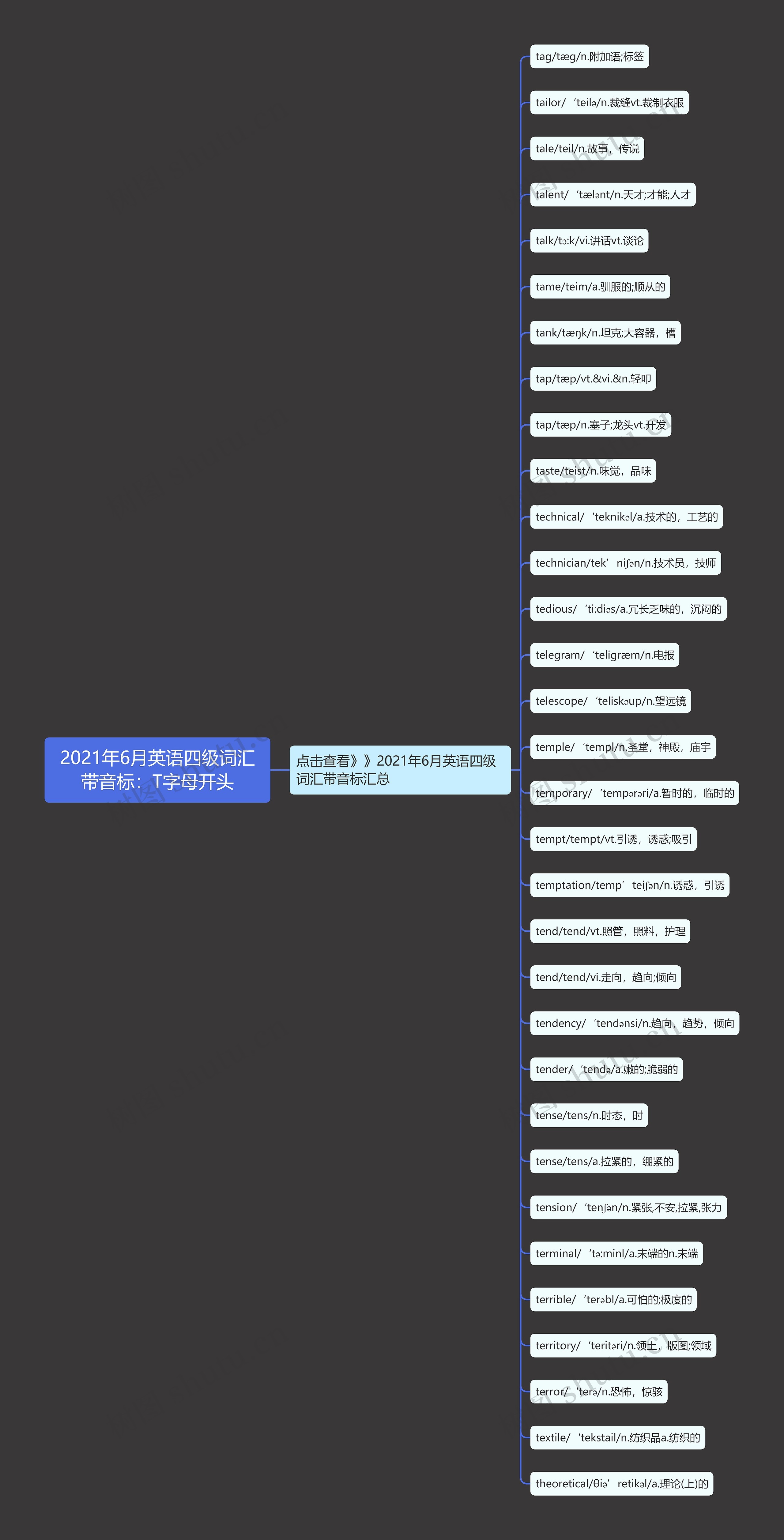 2021年6月英语四级词汇带音标：T字母开头思维导图