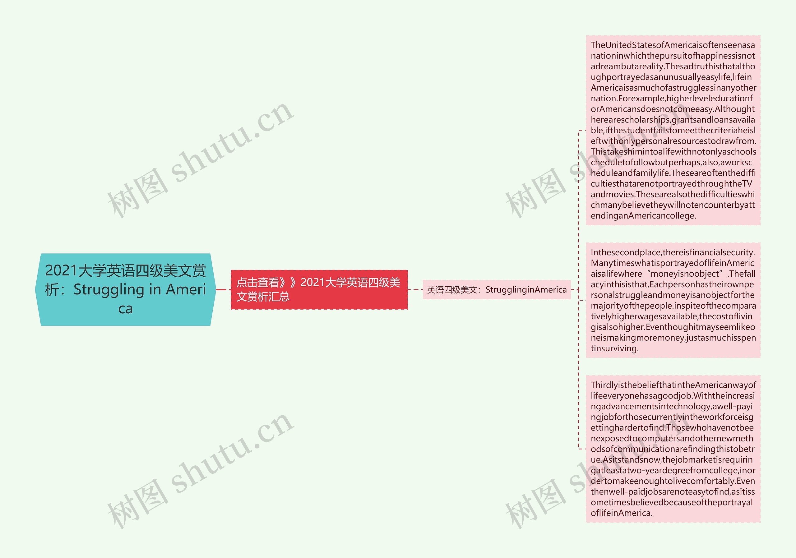 2021大学英语四级美文赏析：Struggling in America思维导图