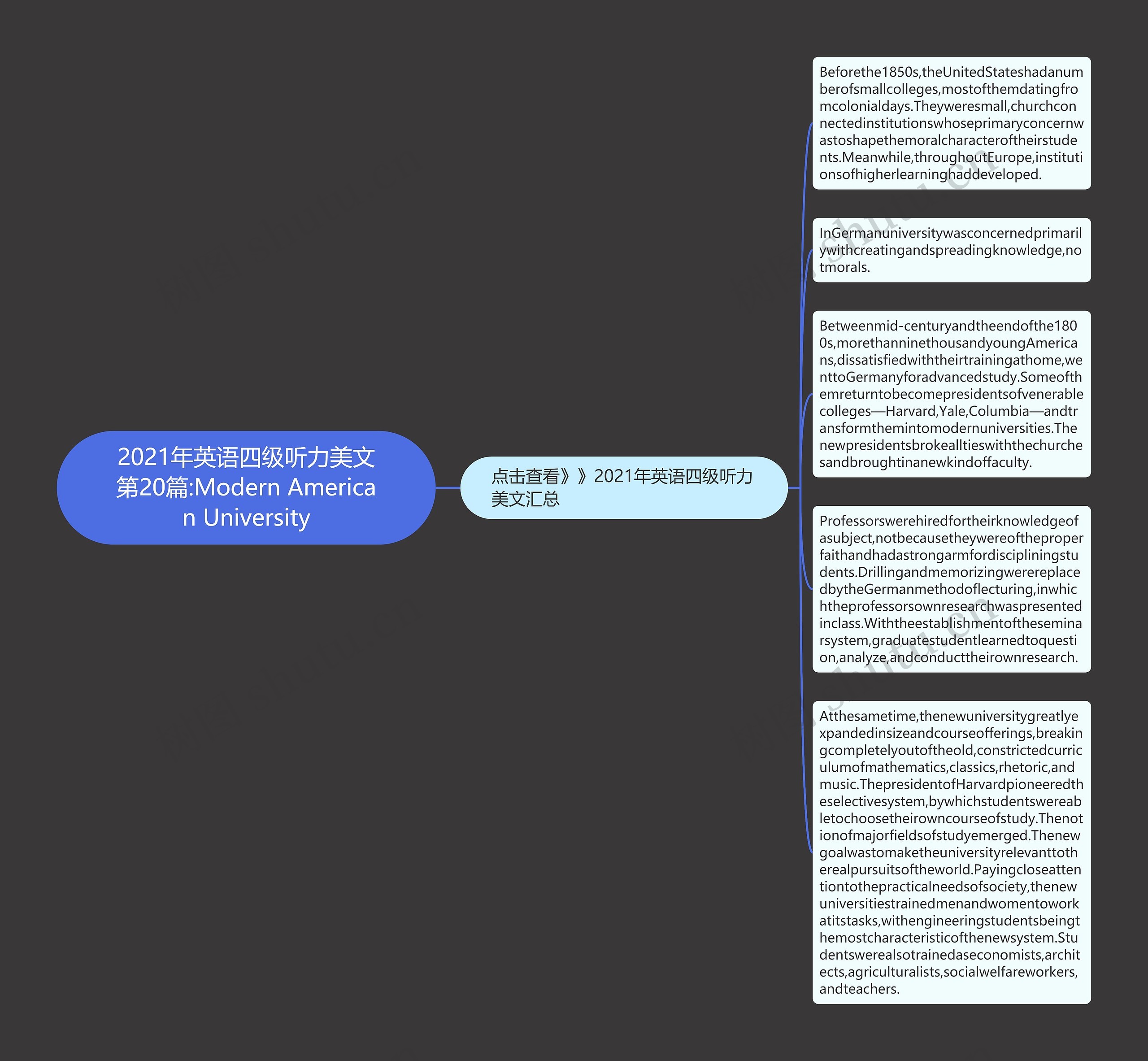 2021年英语四级听力美文第20篇:Modern American University思维导图