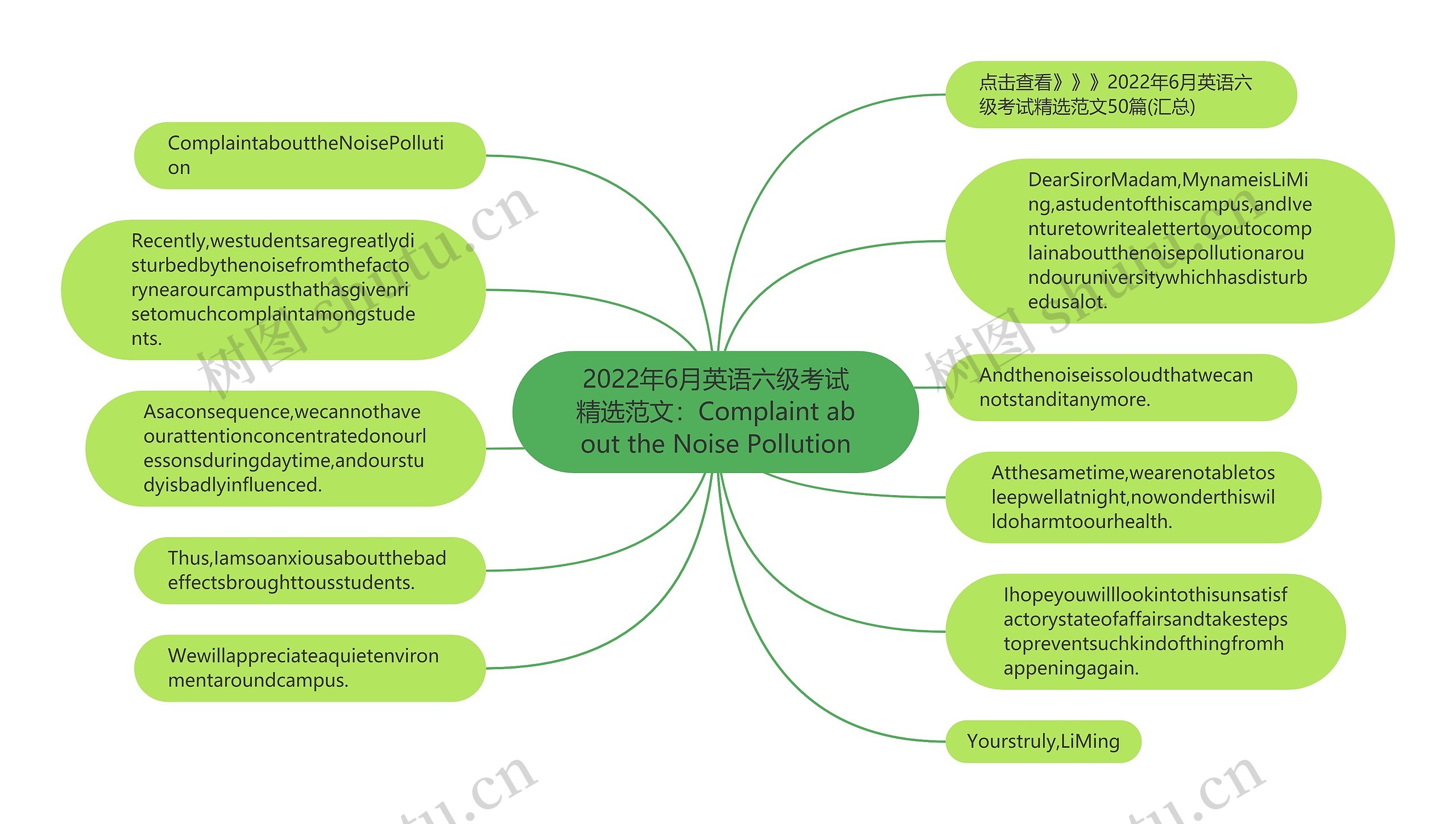 2022年6月英语六级考试精选范文：Complaint about the Noise Pollution思维导图