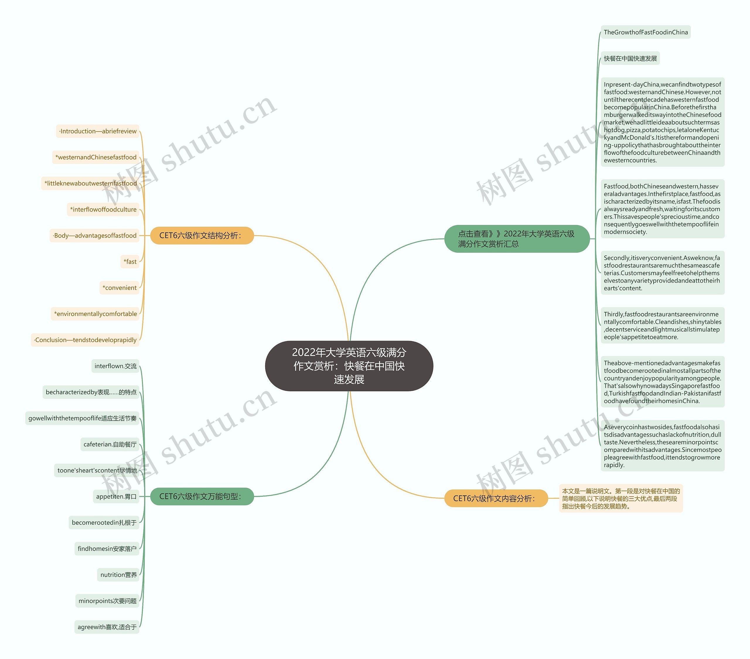 2022年大学英语六级满分作文赏析：快餐在中国快速发展思维导图