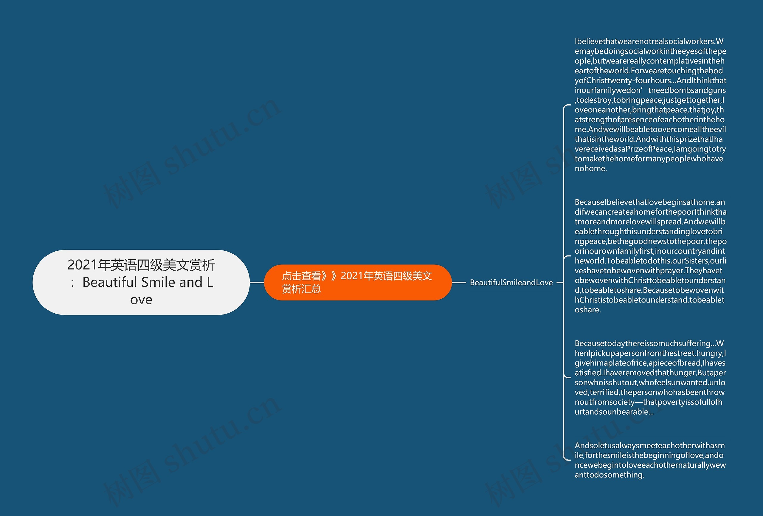 2021年英语四级美文赏析：Beautiful Smile and Love思维导图