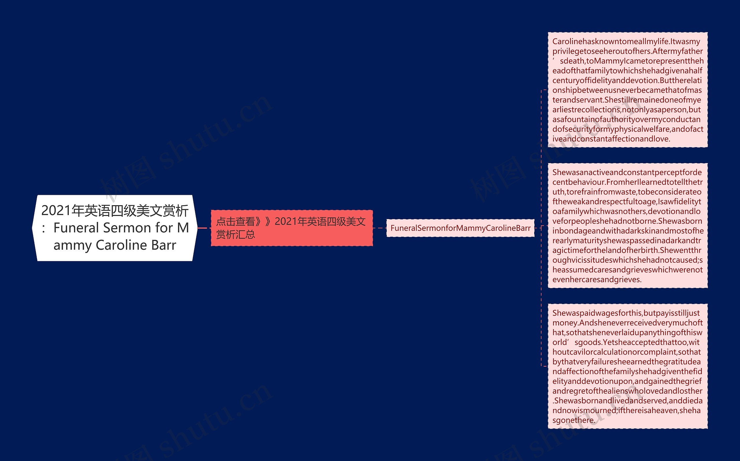 2021年英语四级美文赏析：Funeral Sermon for Mammy Caroline Barr思维导图