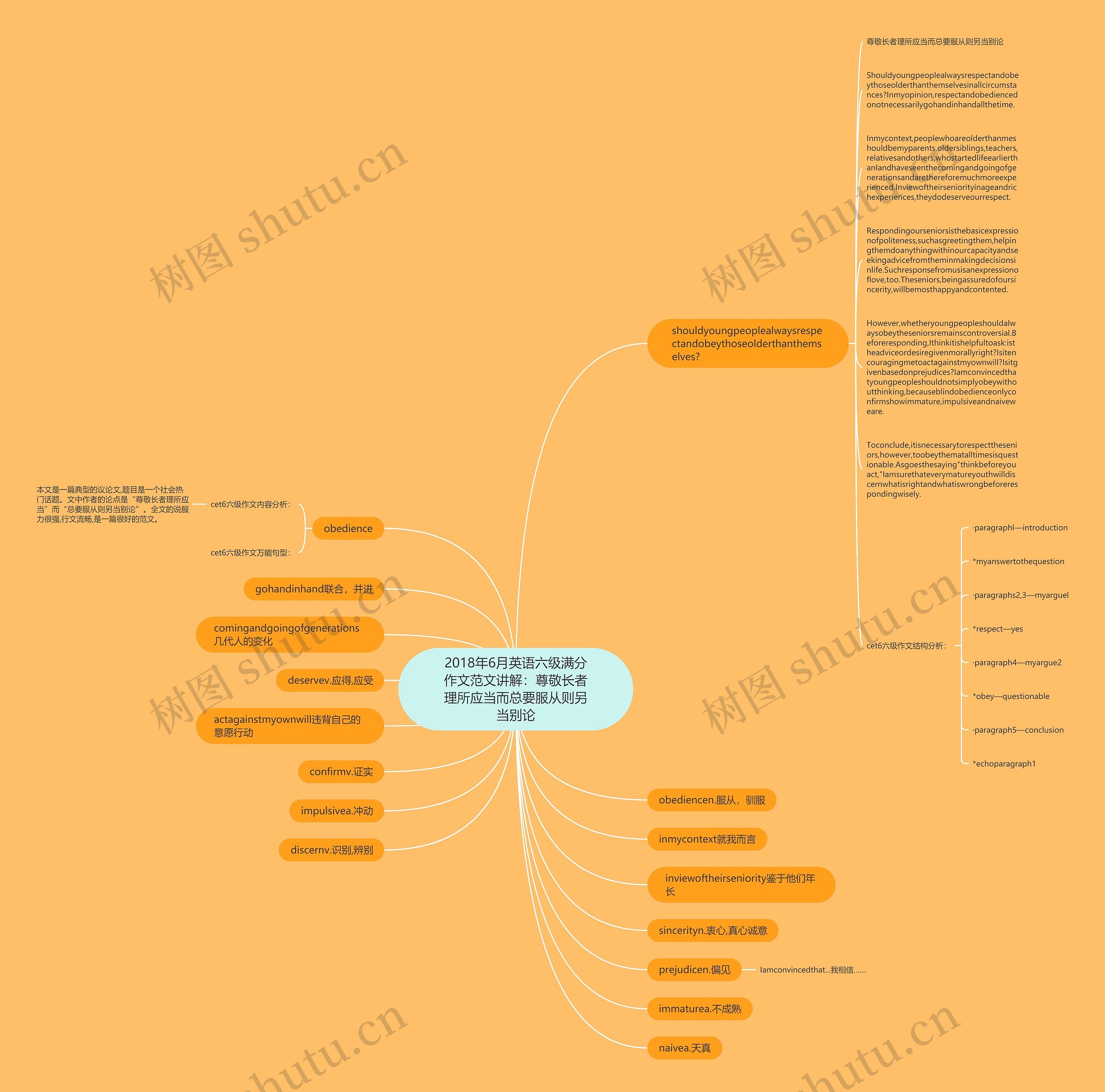 2018年6月英语六级满分作文范文讲解：尊敬长者理所应当而总要服从则另当别论思维导图