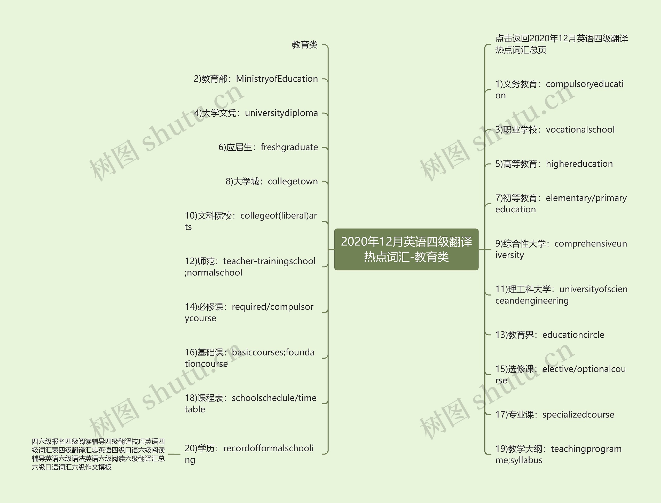 2020年12月英语四级翻译热点词汇-教育类思维导图