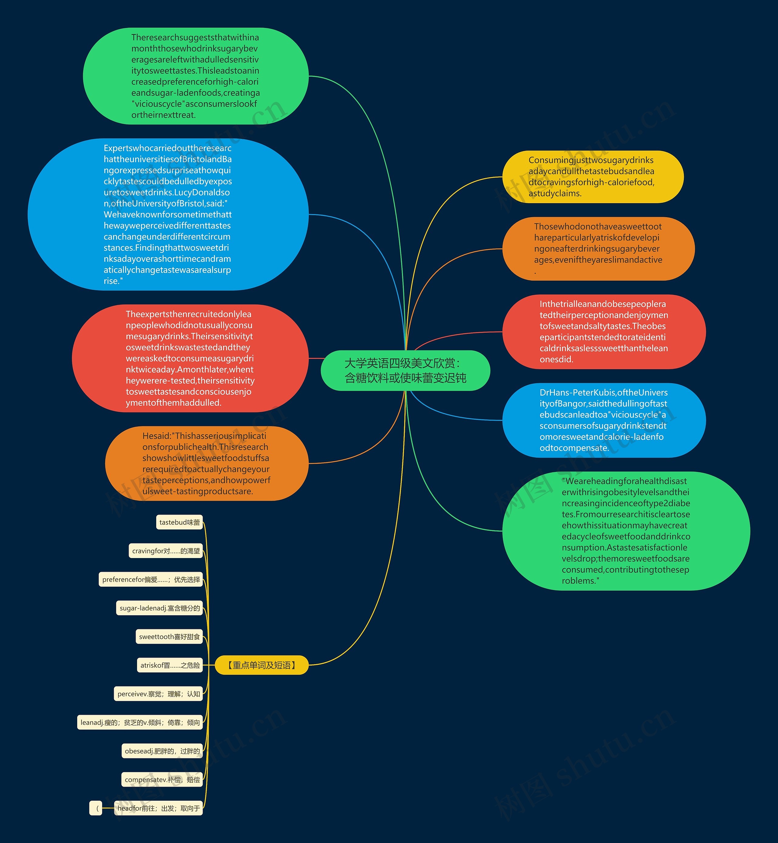 大学英语四级美文欣赏：含糖饮料或使味蕾变迟钝思维导图